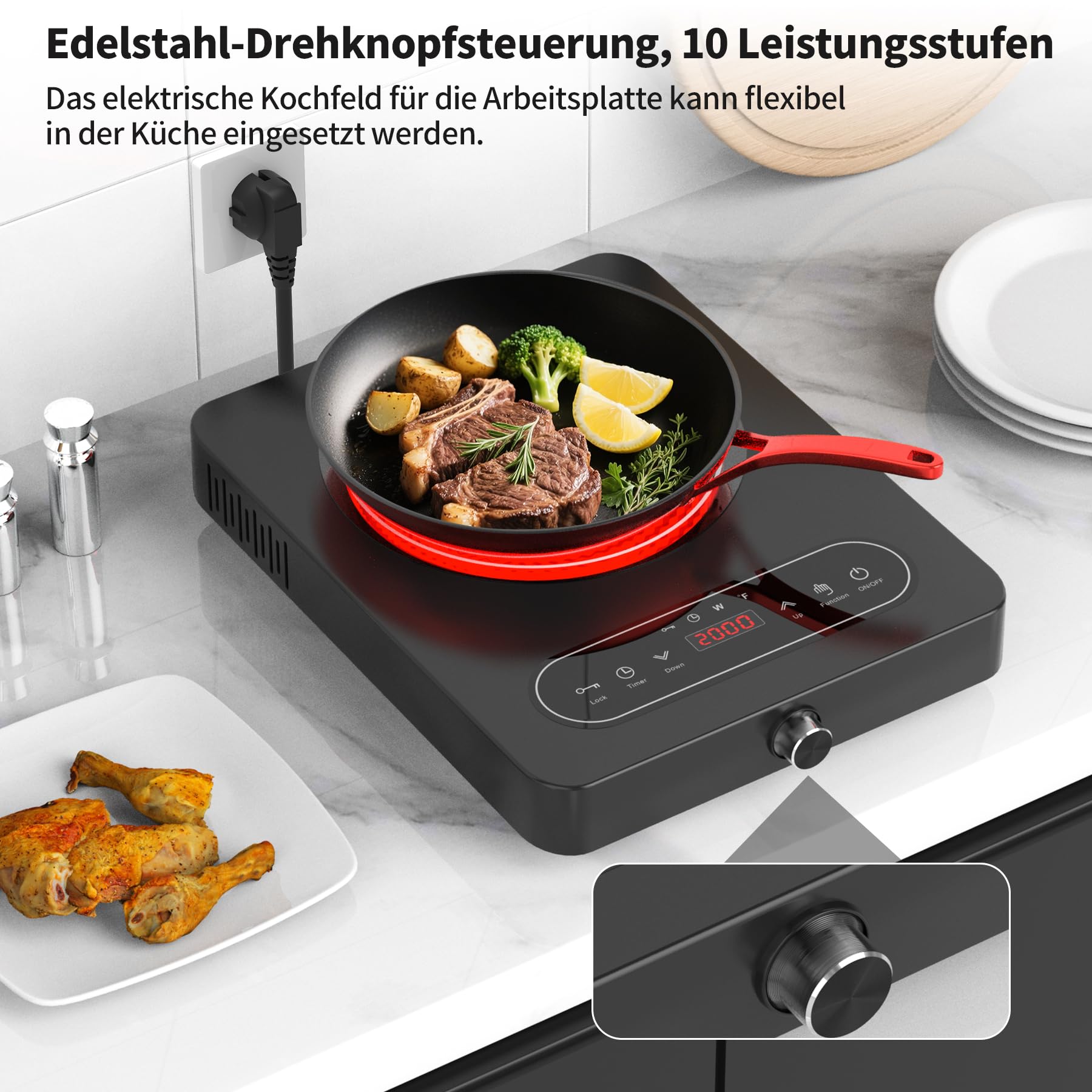 VBGK Glaskeramik Kochfeld 1 Platte, 220V, 2000W, Kochfeld mit LED-Touch-Bedienelementen und Drehreglern, 10 Leistungsstufen, 4-Stunden-Timer, Sicherheitsverriegelung Herdplatte mit Stecker