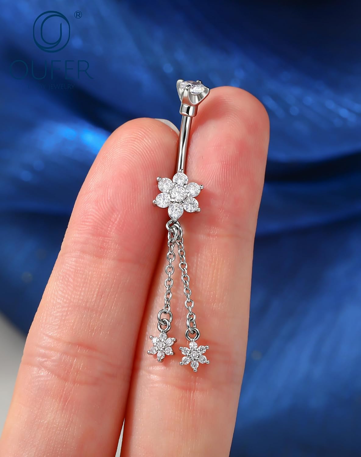 OUFER 14G Flower Dangle Belly Button Ring, 316L Stainless Steel Navel Rings
