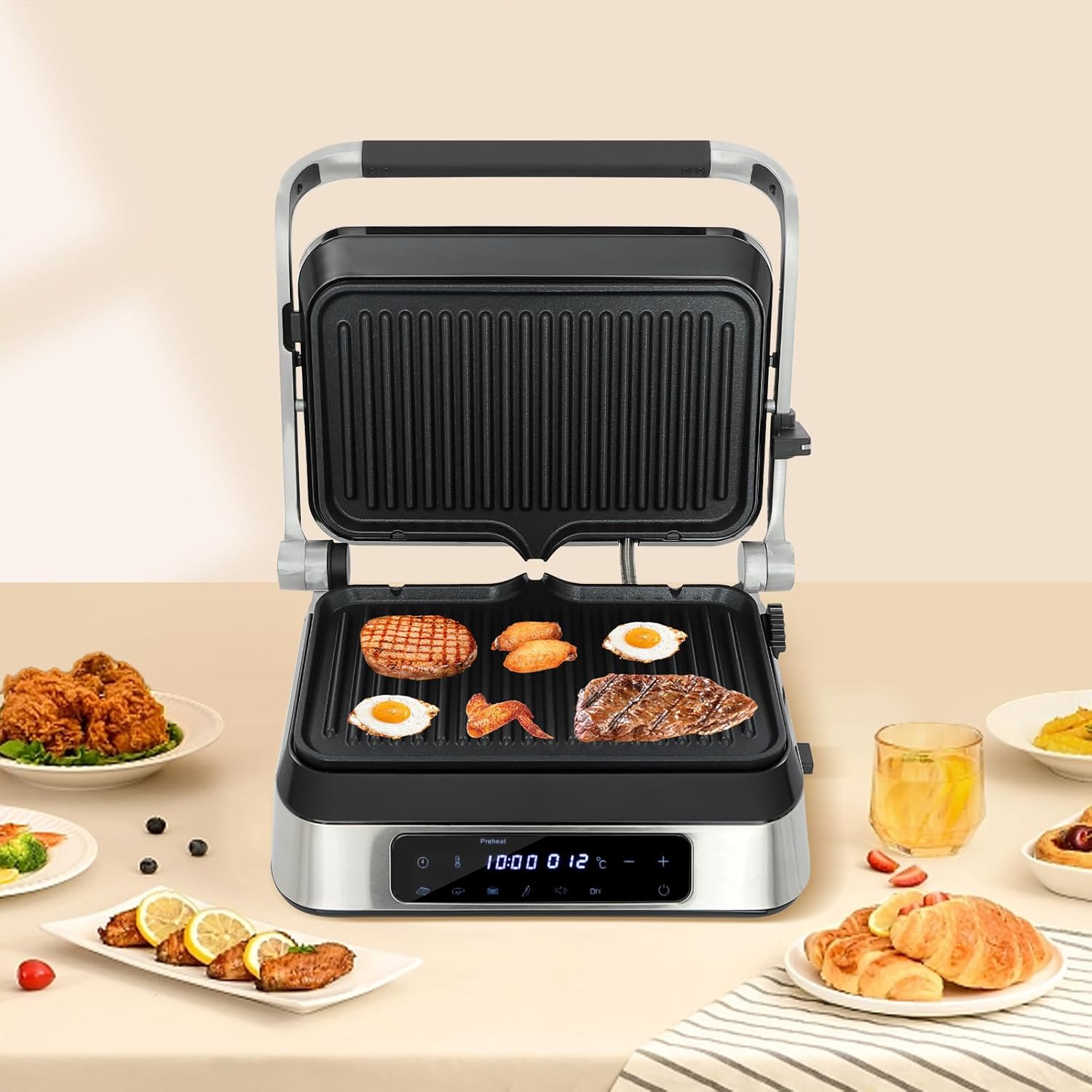 Panini Press Grill and Griddle,Stainless Steel Sandwich Maker & More,Grill Press Sandwich Maker,Removable Non-Stick Baking Trays,LED Display,0-446℉ Adjustable Temp Control