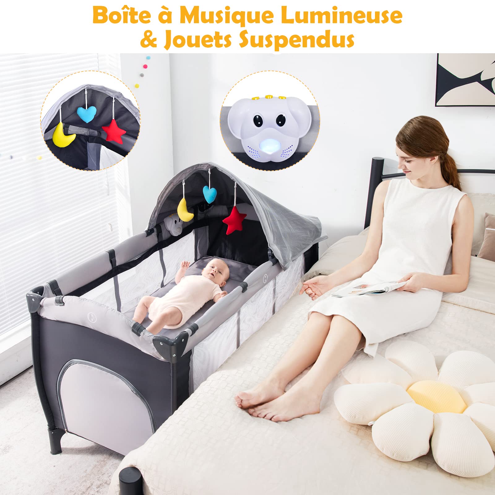 COSTWAY 4 en 1 Lit Parapluie, Parc pour Bébé avec Matelas, Moustiquaire, Entrée Latérale, Sac à Jouets, Boîte à Musique, Table à Langer, Facile à Plier, 0-36 Mois, 120 x 60 x 72 cm (Gris)