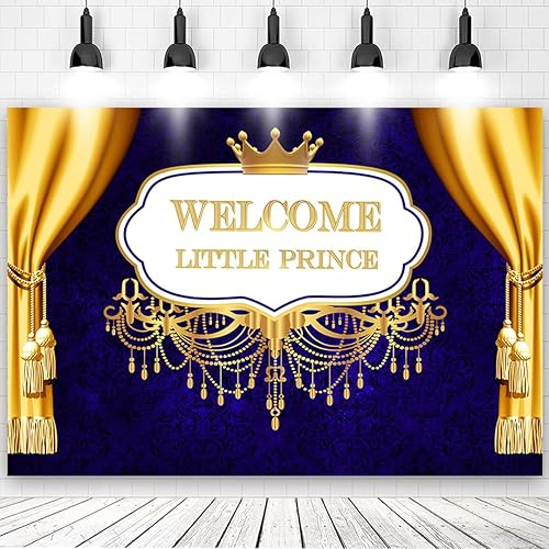 Telón de fondo azul rey de bienvenida de 7 x 5 pies para fotografía, corona dorada y decoración de cortinas, telón de fondo para fotos, telón de