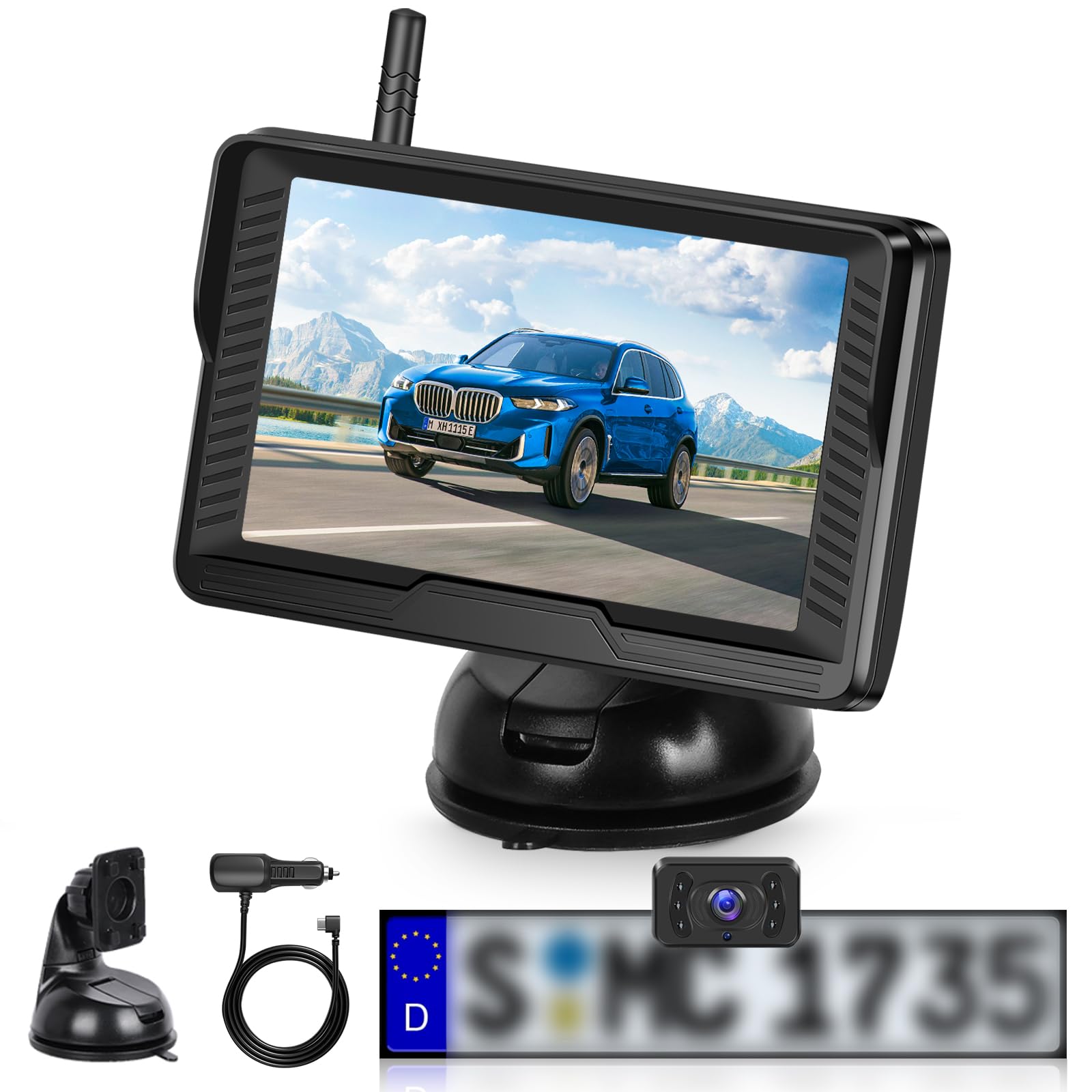Rimoody kamera cofania bezprzewodowa IP69K 4,3 cala HD IPS monitor - bezprzewodowa pomoc w parkowaniu z regulowanymi liniami prowadzącymi, kamera 720P i 115° kąt widzenia dla samochodów osobowych