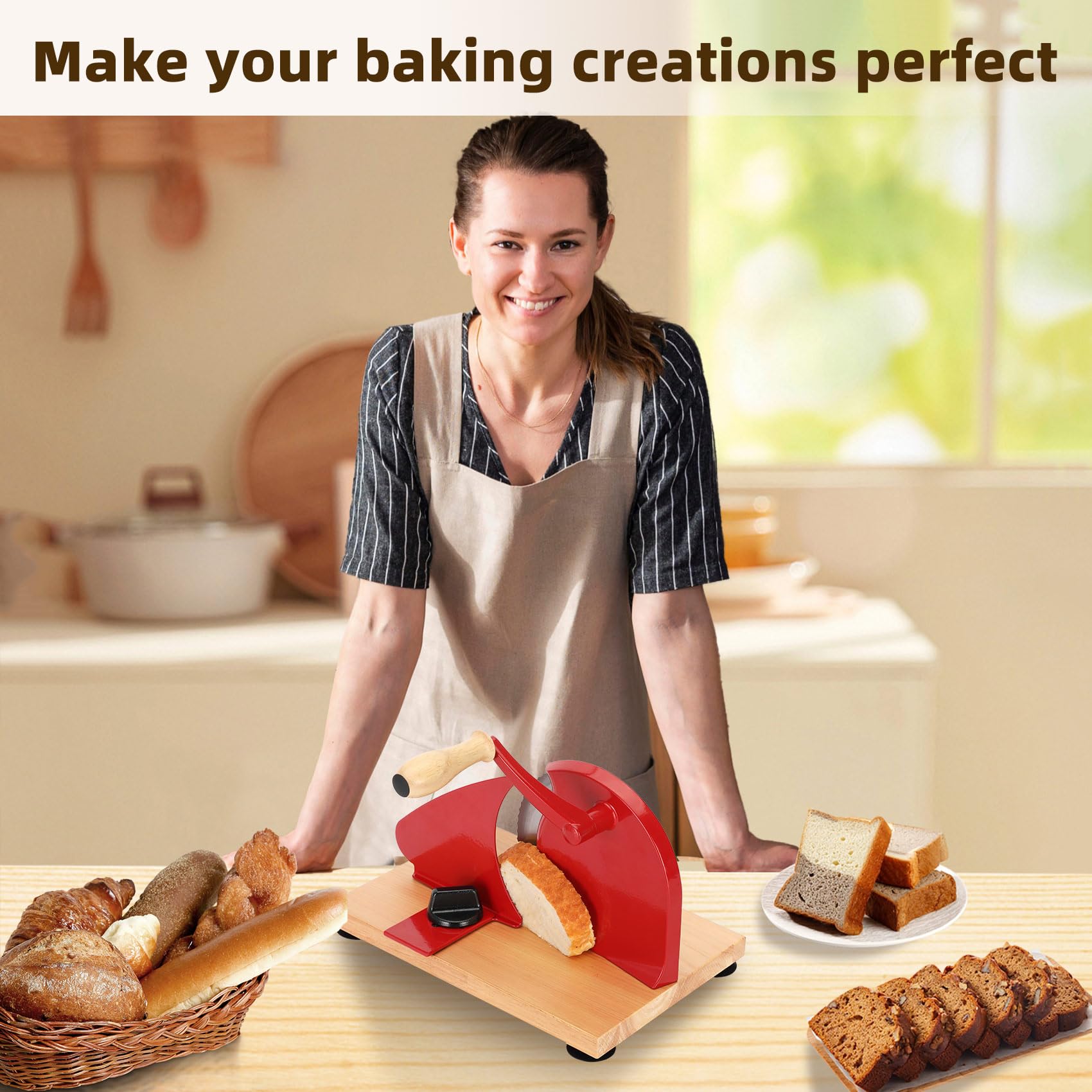Amazon.com: 手動麵包切片機附手搖- 可調式厚度,適合自製酸麵團(紅色) : 居家與廚房
