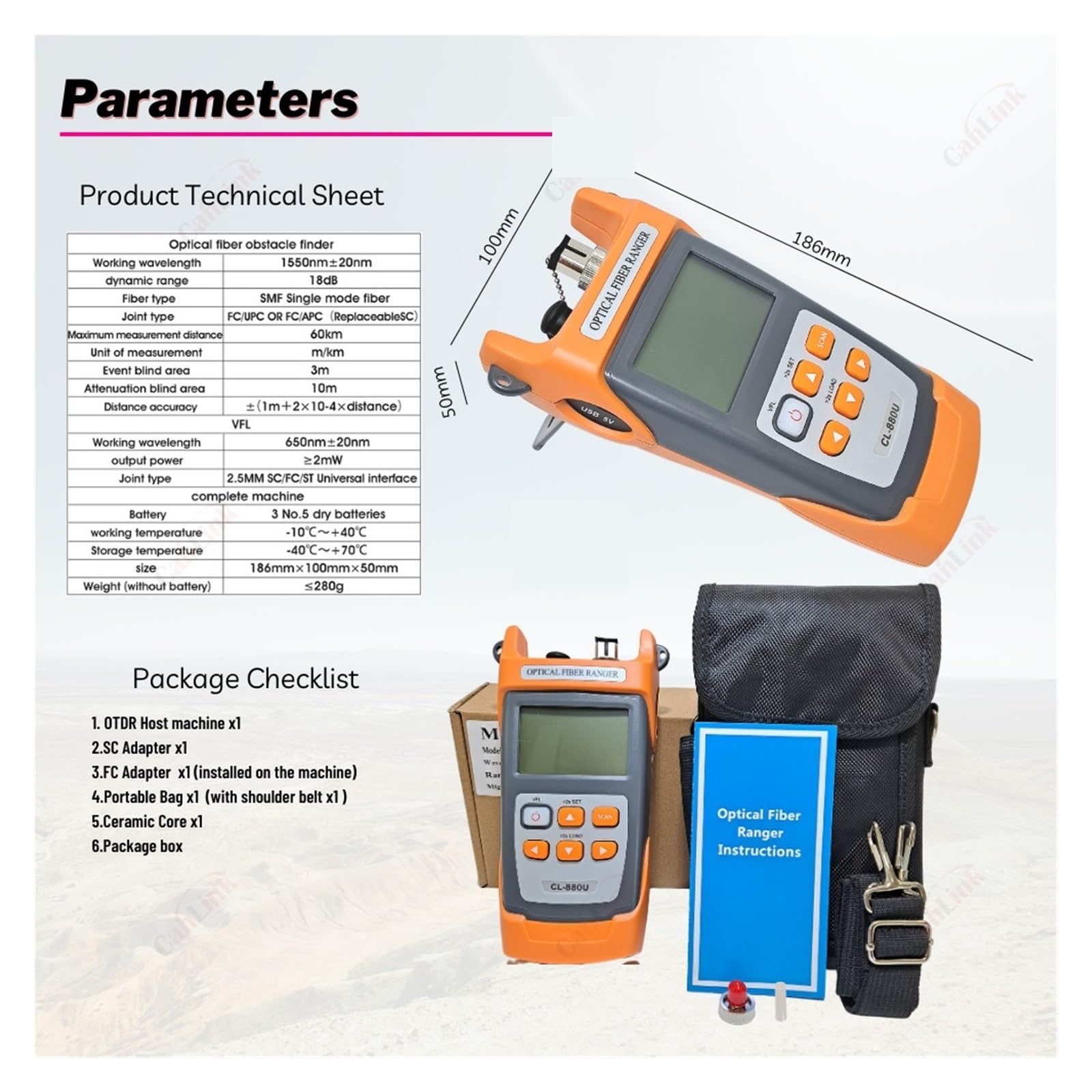 Glasfaserkabeltester, Neuer 60-100 km MINI OTDR 1310/1550 nm Glasfaser-Reflektometer, Touchscreen VFL OLS OPM Ereigniskarte Ethernet-Kabeltester(CL880A 1550nm)