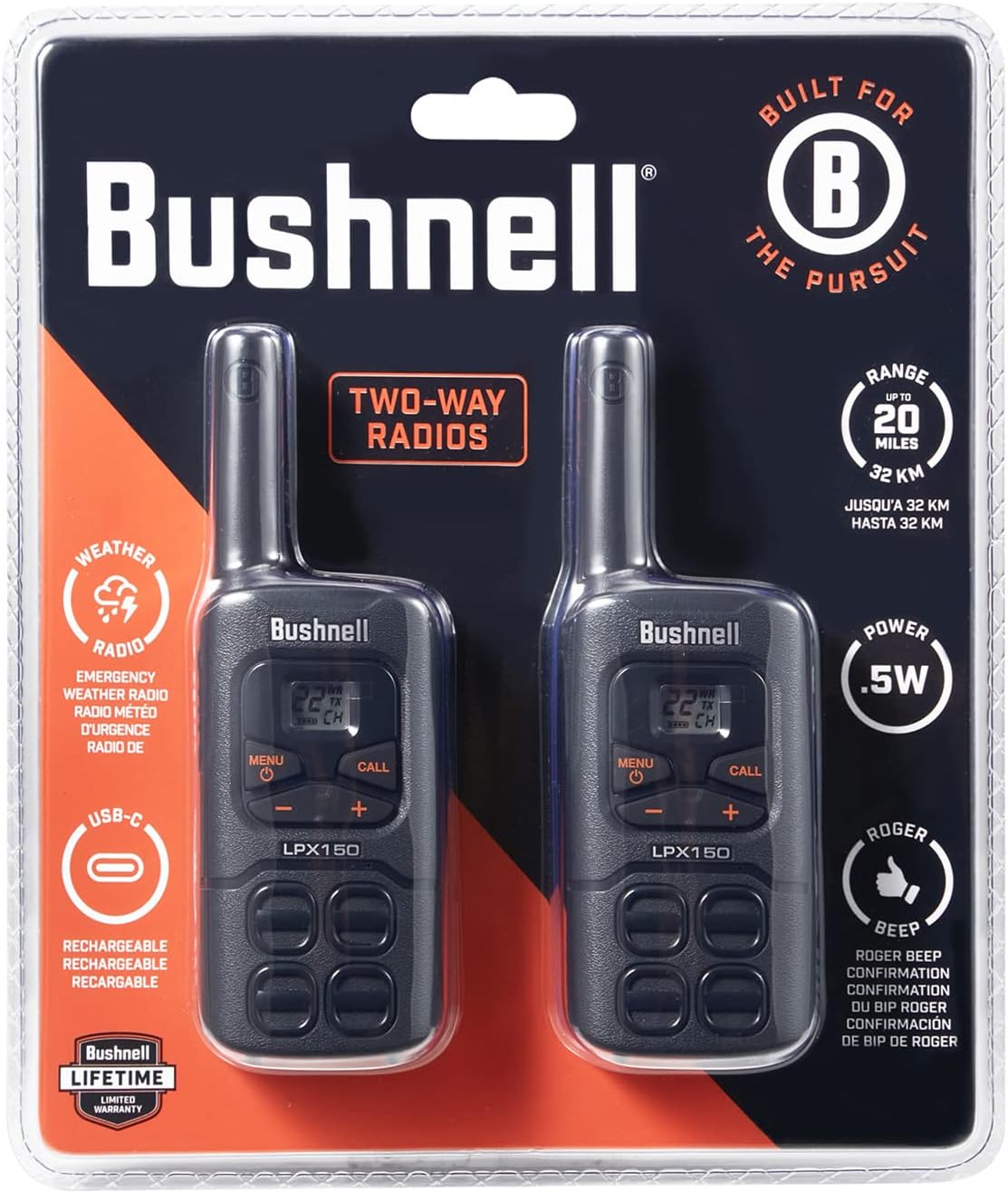 Side view of the Bushnell LPX150 Walkie Talkie, highlighting the belt clip and side buttons.