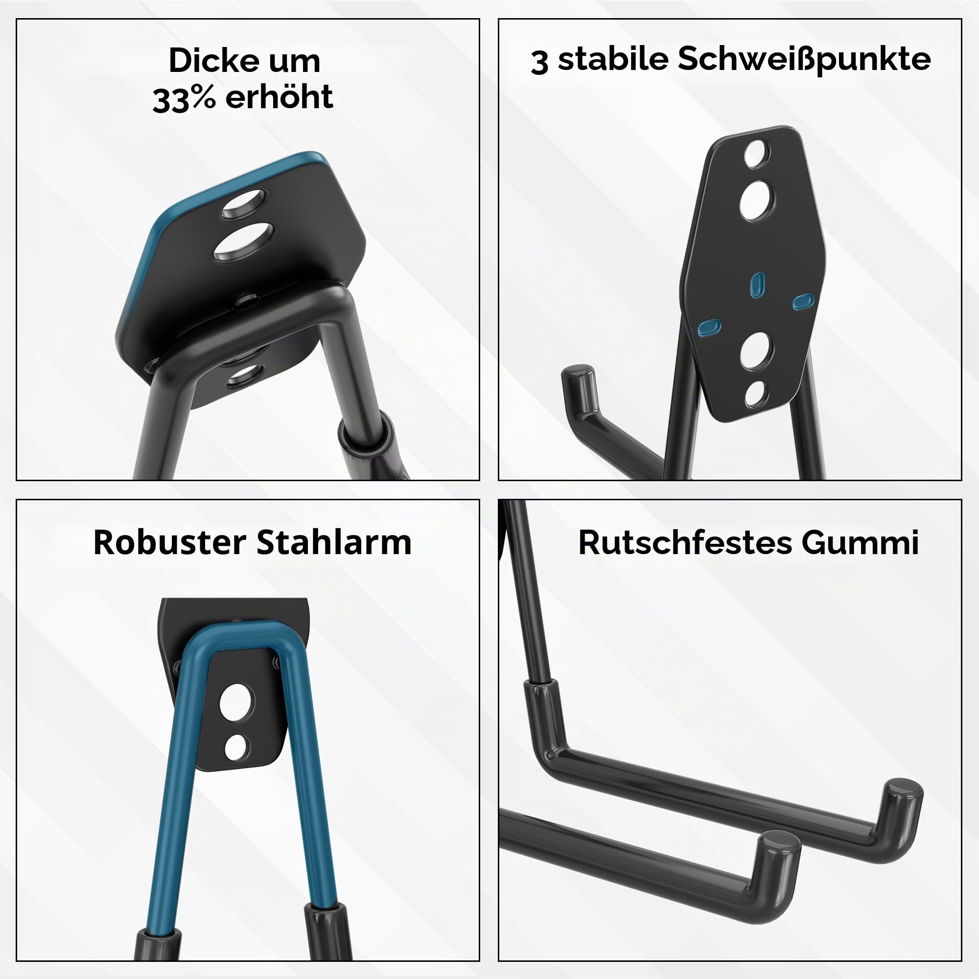 BONTEC 18 Stück Wandhaken Set, Stahl-Haken für Garage, Werkstatt, Fahrradhalterung, Gartengeräte, U/J/S-Hakens, Schwarz mit Anti-Rutsch-Beschichtung, geeignet für Trockenbau & Ziegelwände