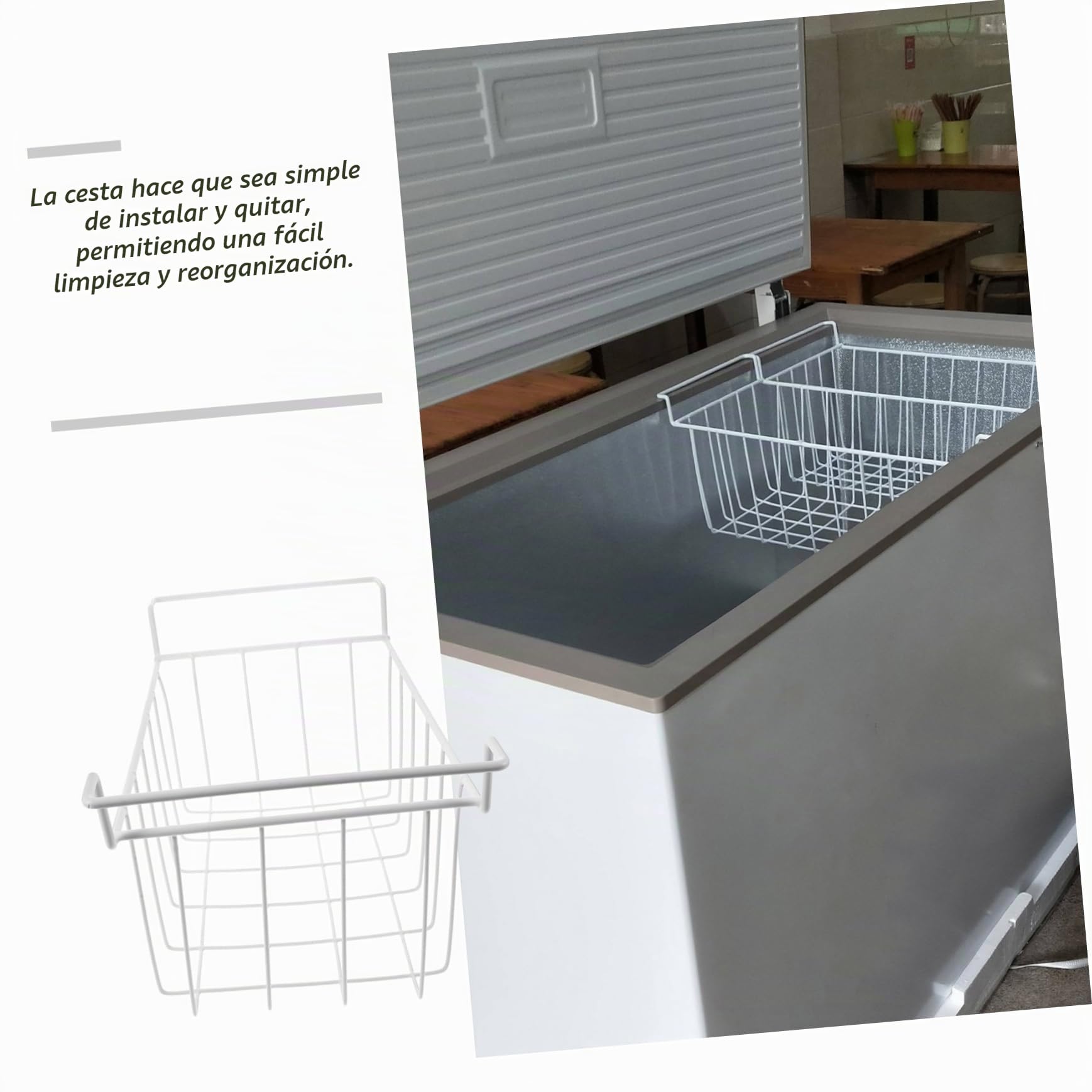 Cabilock Cesta Colgante Hierro Blanco de Alambre para Congelador Horizontal | Acceso Rápido y Limpieza Sencilla, Ajuste, Optimiza el Espacio en Cocina