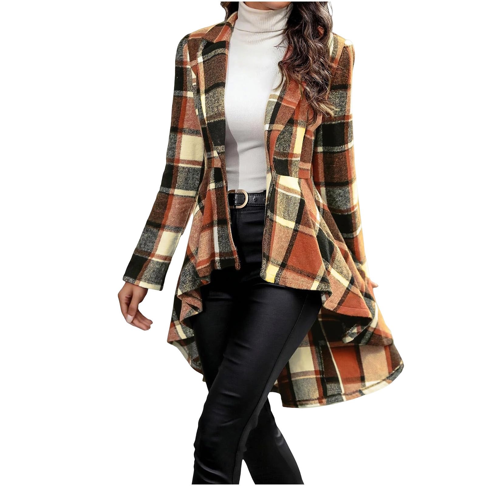 HGps8w High Low Plaid Jacket for Women Elegant One Button Tuxedo Blazers Business Casual Sports Coat Fall Winter