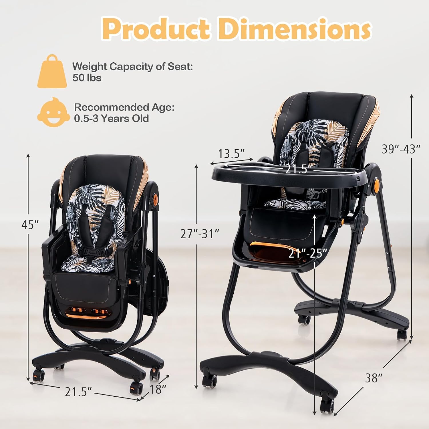 HONEY JOY Baby High Chair, Foldable High Chairs for Babies and Toddlers, Adjustable Heights, Recline Backrest & Footrest, Double-Layer Tray & Cushion, Portable Infant Highchair with Wheels (Black)