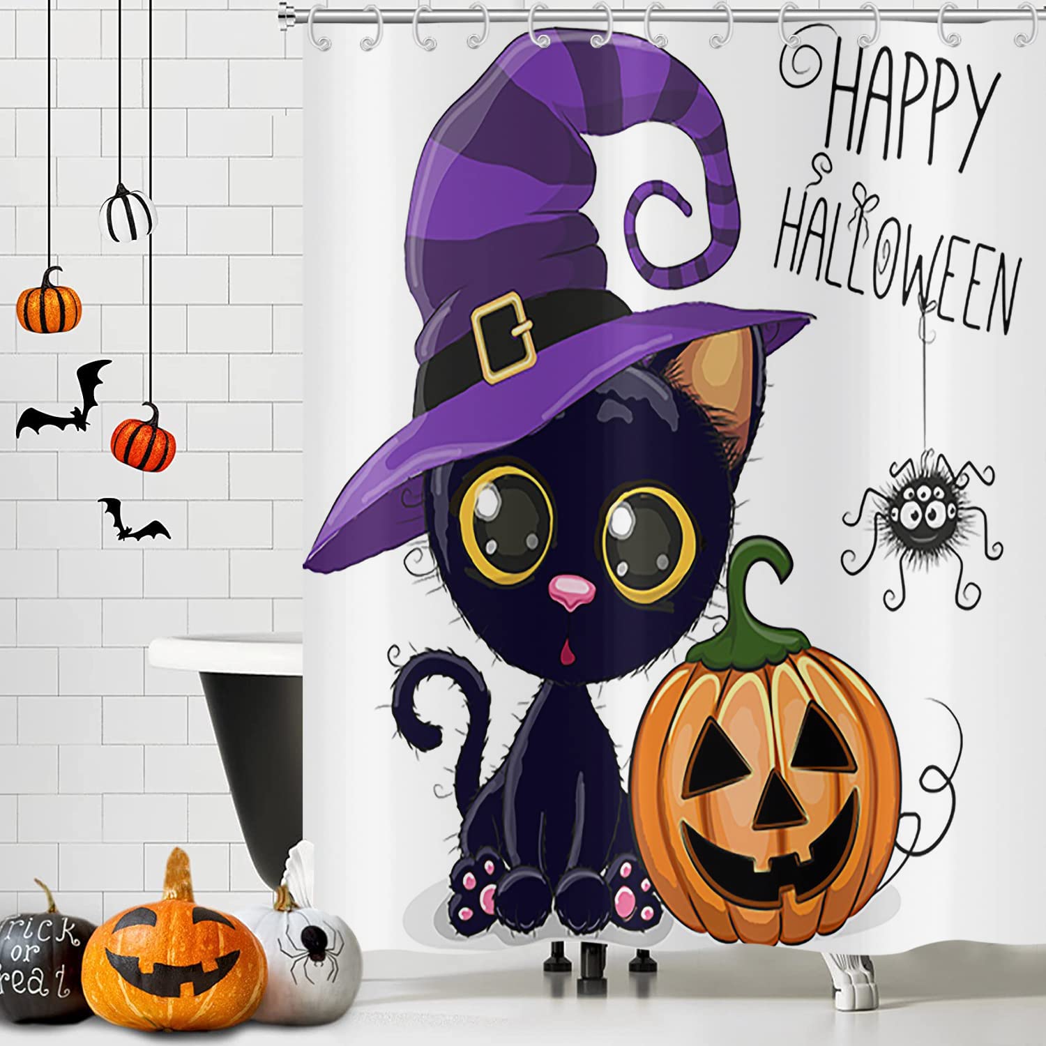 Tenda da doccia Halloween 165x180, divertente gatto nero strega cappello ragno fantasma zucca bambini vacanza tenda da bagno impermeabile poliestere tessuto lavabile tenda da bagno con ganci