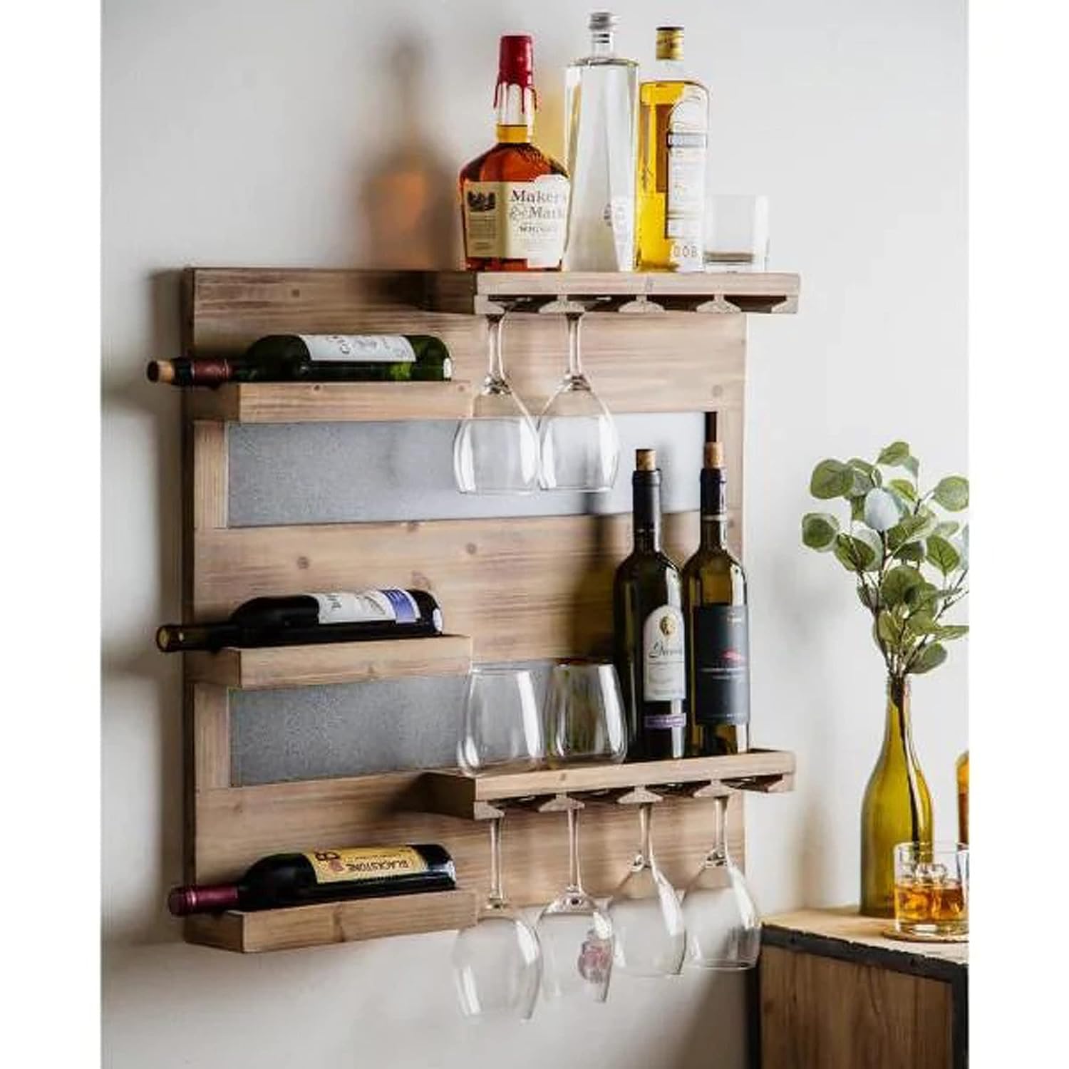 SRB FURNITURE Sheesham Wood Wine Rack | Wooden Storage Cabinet for Living Room and Kitchen | Wall Mounted Bar Cabinet with Glass Holder and Bottle Organizer for Home Bar 1