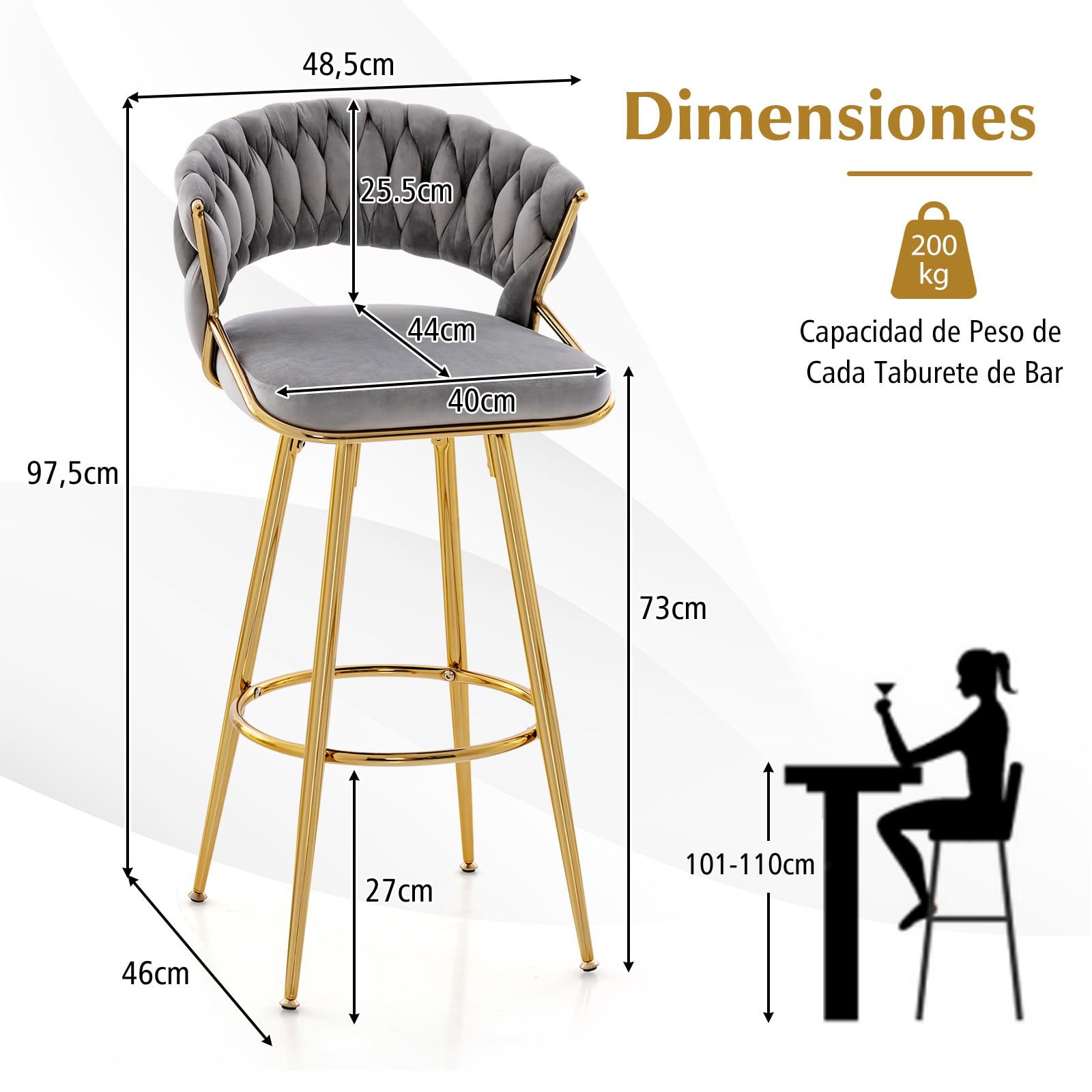 COSTWAY Juego de 2 Taburetes de Terciopelo, Taburetes de Barra de 73 cm con Respaldo Tejido y Patas de Metal Dorado, Taburetes de Cocina Tapizados sin Brazos con Reposapiés(Gris)