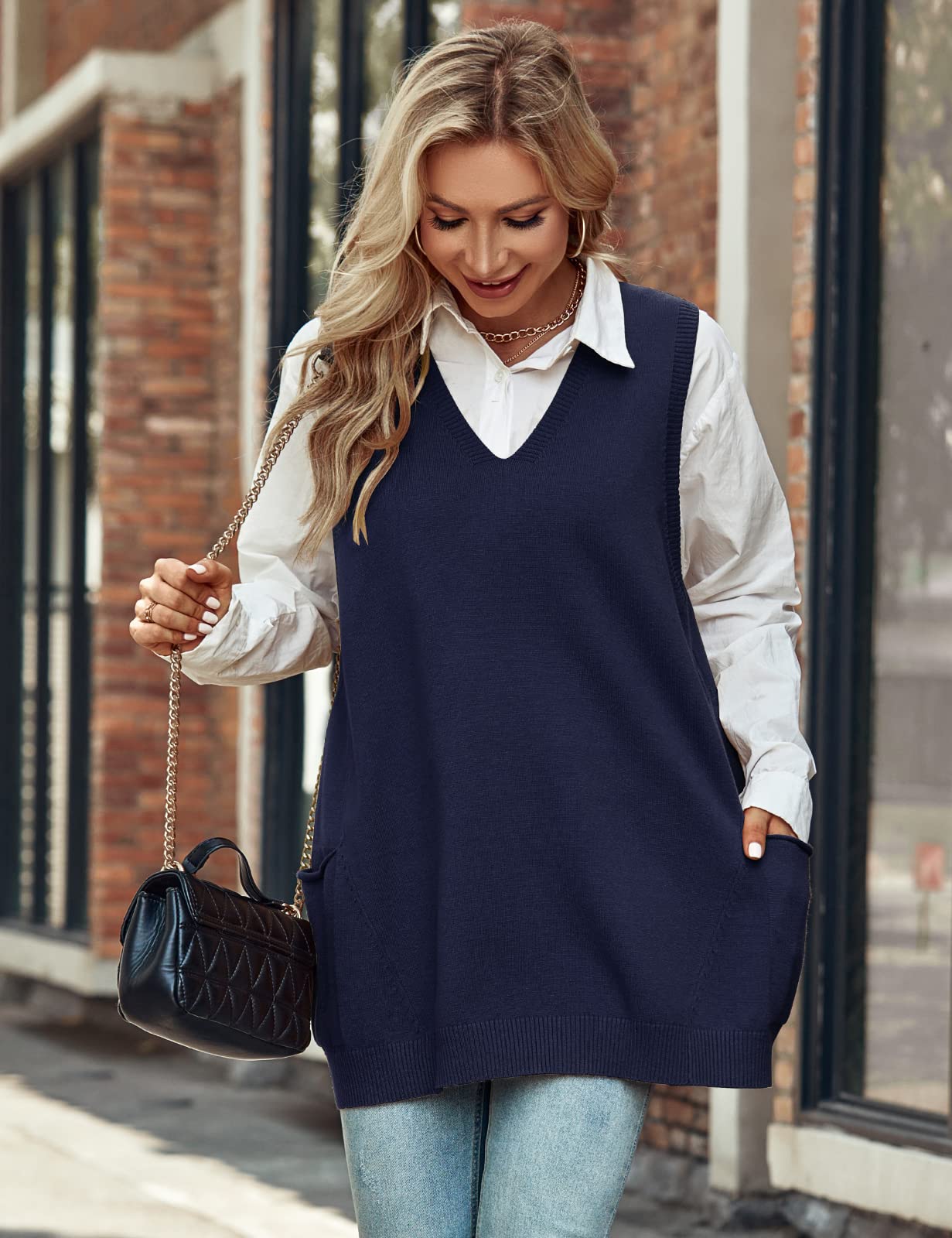 Niwicee Maglione Gilet Donna Scollo a V Pullover Maglione Senza Maniche,Autunnale Invernale Maglioni Oversize Tinta Unita mit Taschino,Cotone Top Smanicato Gilet in Maglia Elegante