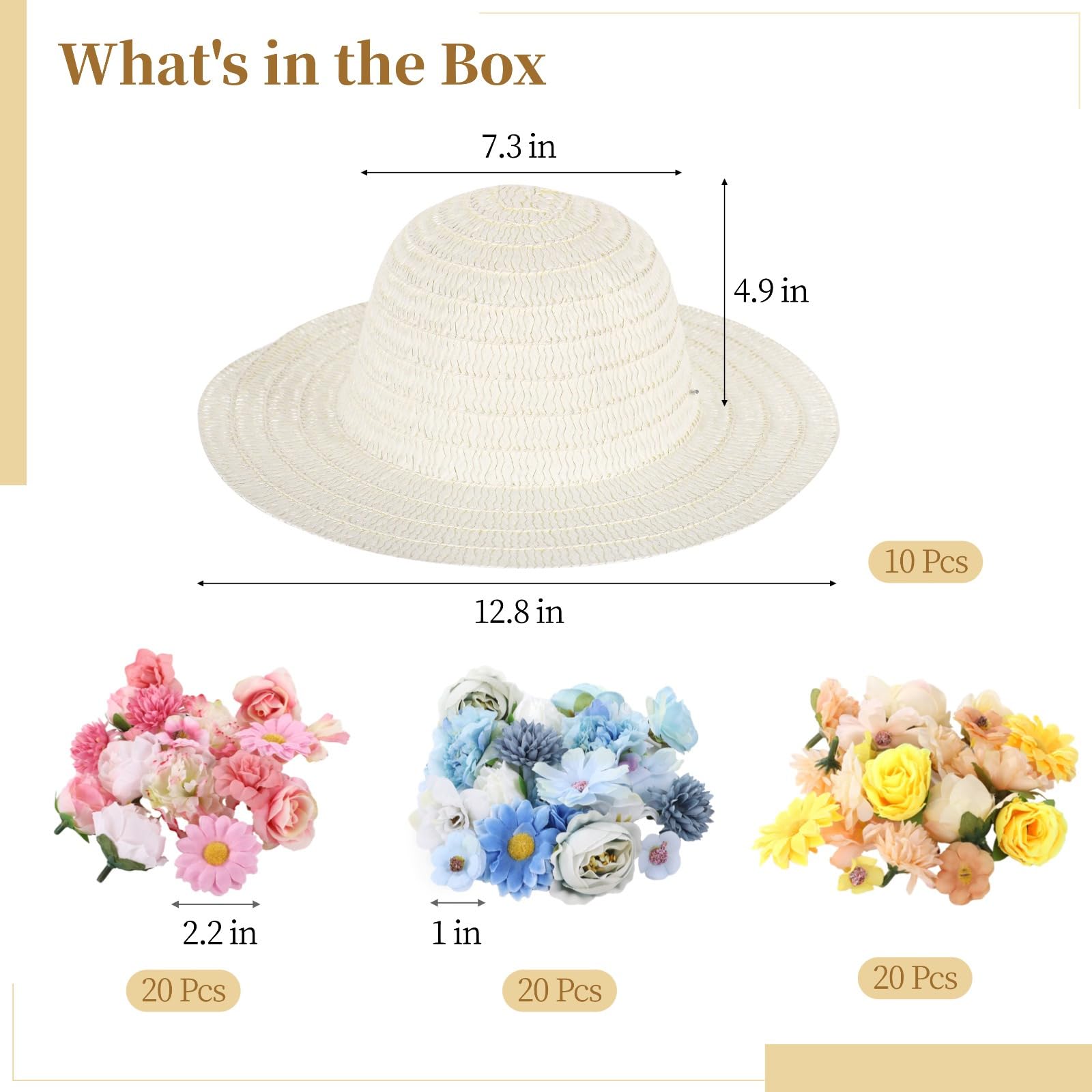 Kit de 70 sombreros de paja para bricolaje, sombreros de sol en blanco pintables con 60 flores sintéticas, sombreros de fiesta de té, kit de manualidades para viajes a la playa, camping
