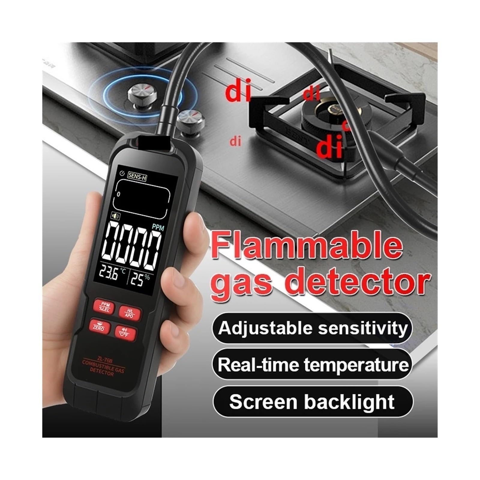 Detector de Gases, Detector de Fugas Gas ZL76B con zumbador y Pantalla LCD, Detector Combustible, analizador Temperatura Humedad, Herramienta Prueba eléctrica(ZL73A Battery)