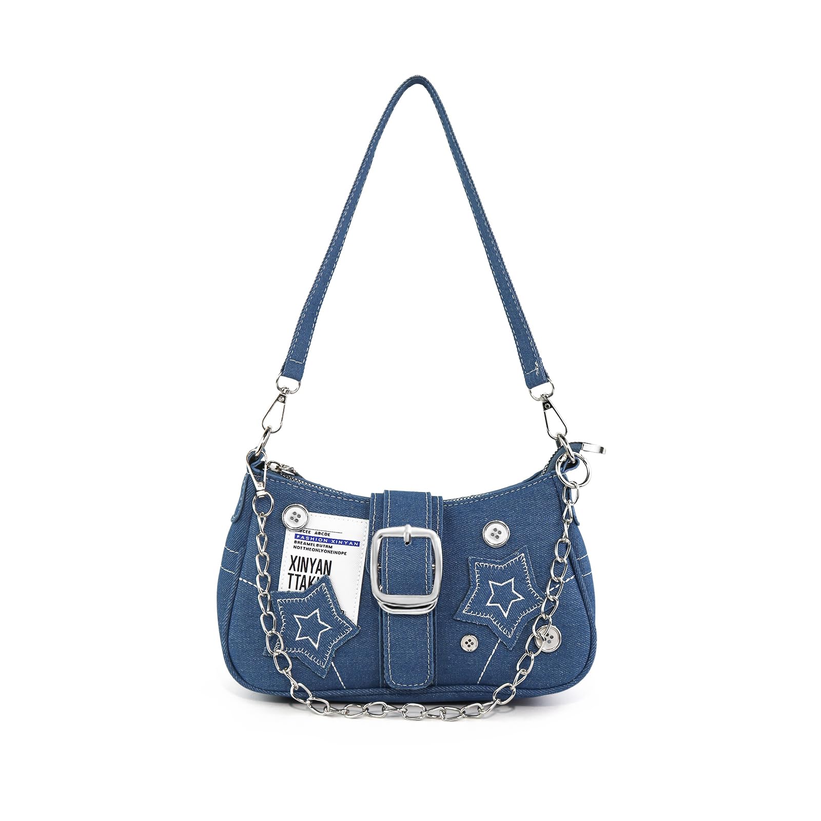 AfitLulu Klein Umhängetasche Damen Denim Schultertasche mit Handkette und Abnehmbarem Schultergurt, Kleine Y2k Fashion Unterarmtasche Hobo Bag mit Reißverschluss