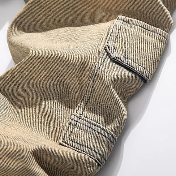 Men's Straight Slim Jeans Denim Pants Printed Biker Moto Casual Multi-Pocket Male