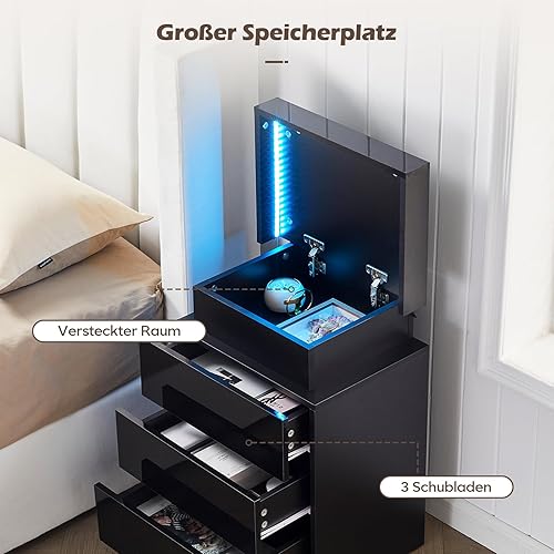 Miniatura 5 de TUKAILAi Moderna mesita de noche con luz LED, armario de noche de alto brillo con 3 cajones y almacenamiento superior, cómoda para dormitorio, sala