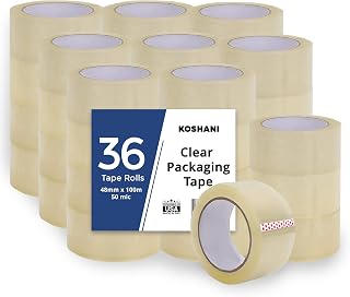 HS Premium Packaging and Carton Sealing Tape, 1 Box of (36 Rolls of 100m Long Each), 1.9" Wide, 2 mil Thickness, Clear, Light to Medium Duty Tape for Shipping Boxes, Moving, and Mailing