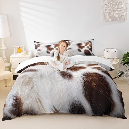 Manfei Juego de funda de edredón con estampado de piel de vaca, tamaño King, color blanco y marrón, juego de ropa de cama de 3 piezas para niños y