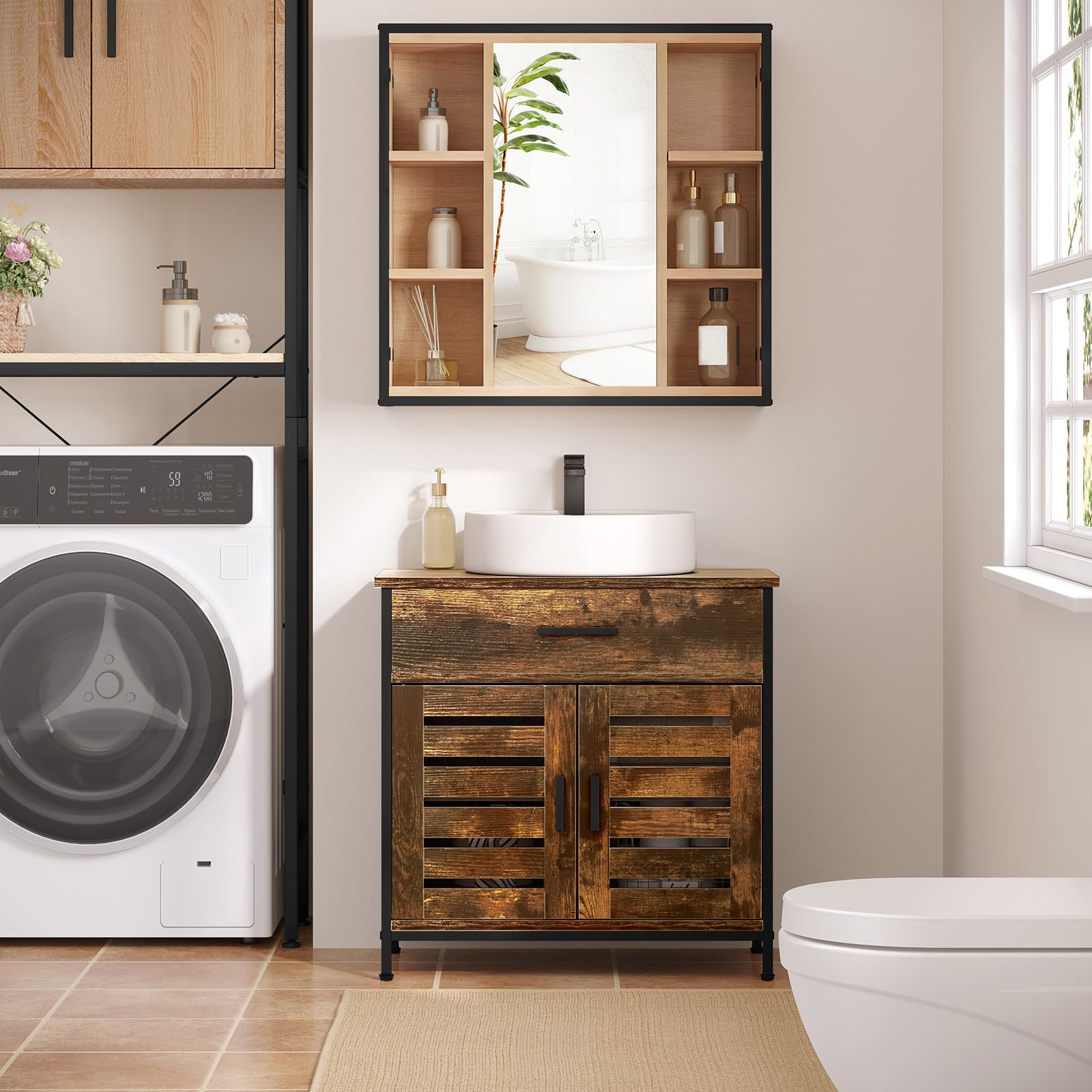 EUGAD Mobiletto, Mobile Lavabo, Mobile Bagno, con 1 Cassetto Grande, 2 Ante a Ribalta, Ripiano Regolabile, MDF, 60x30x60cm, Marrone Rustico