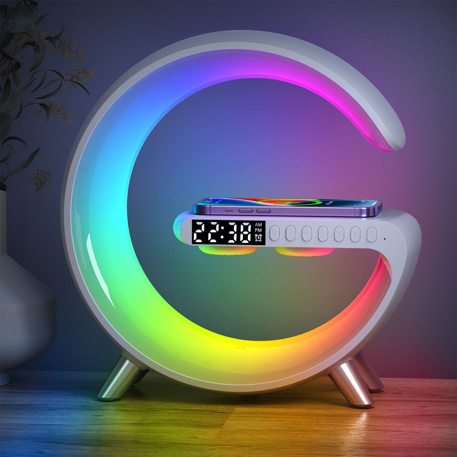 Touch Moon Lamp Smart Table Lamp with Wireless Charger Bluetooth Speaker, Dimmable LED Night Light for Bedroom,