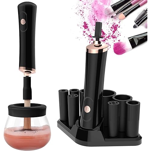 Senbowe Upgraded Makeup Brush Cleaner and Dryer Machine, Electric Cosmetic Automatic Brush Spinner with 8 Size Rubber Collars, Wash and Dry in Seconds, Deep Cosmetic Brush Spinner for All Size Brushes