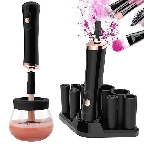 Senbowe Upgraded Makeup Brush Cleaner and Dryer Machine, Electric Cosmetic Automatic Brush Spinner with 8 Size Rubber Collars, Wash and Dry in Seconds, Deep Cosmetic Brush Spinner for All Size Brushes - Black