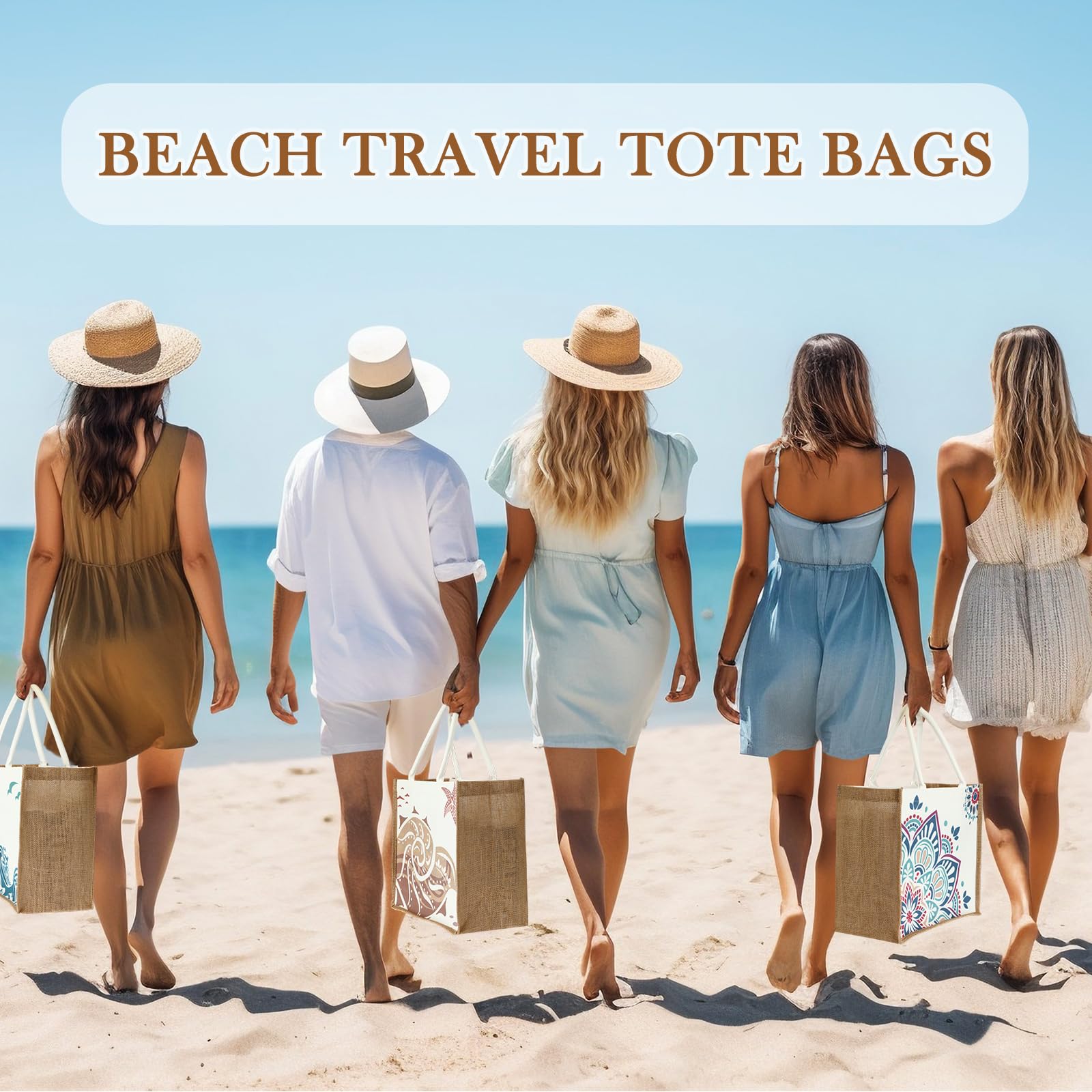 Coume Lot de 6 grands sacs fourre-tout de plage en toile de jute avec poignées améliorées 36,1 x 32 x 19,1 cm pour voyage, shopping