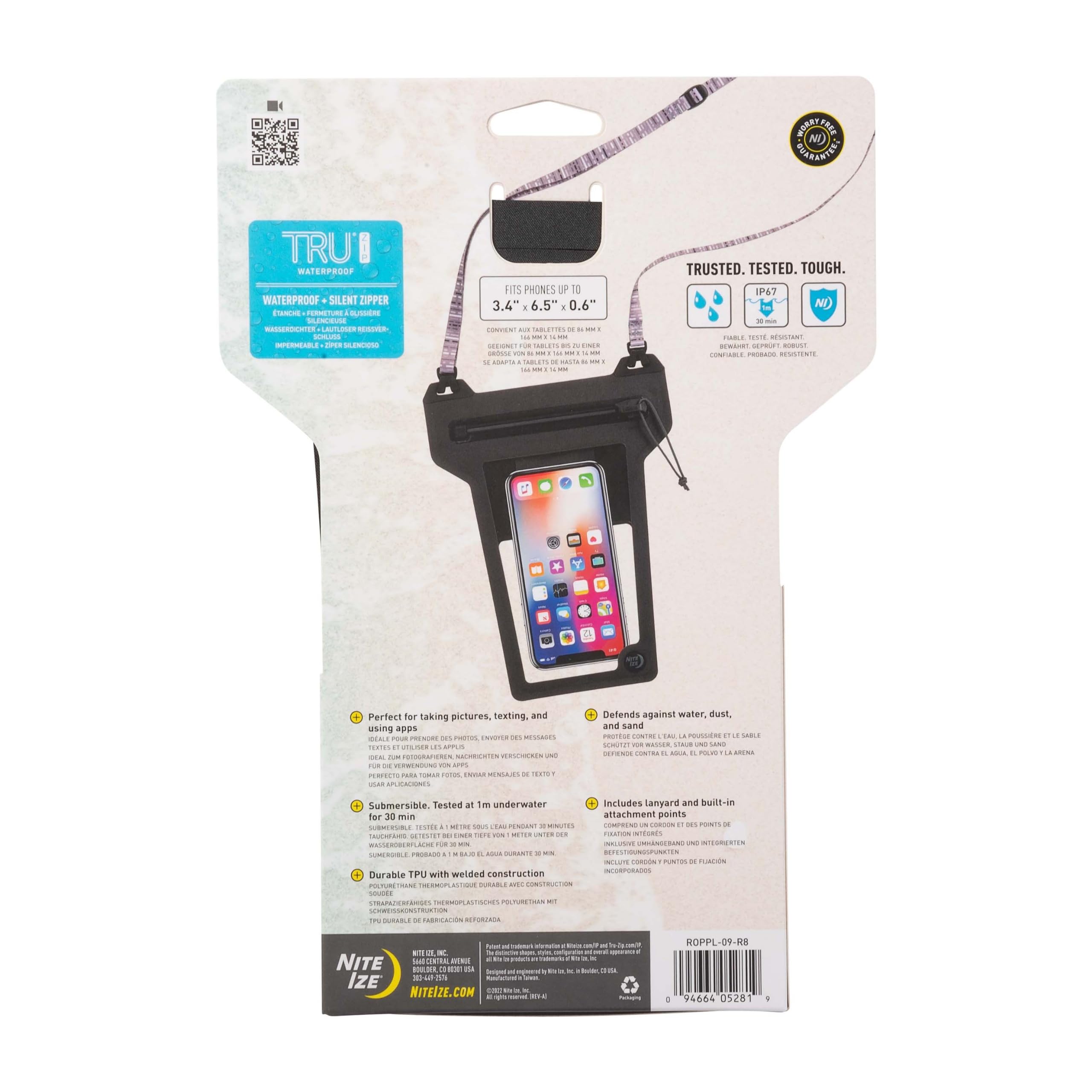 Nite Ize Runoff - Custodia impermeabile per telefono con cordino e cerniera TRU, IP67, custodia impermeabile universale per iPhone 11/11 Pro Max/Xs Max/XR/X/8/8P Galaxy, antracite