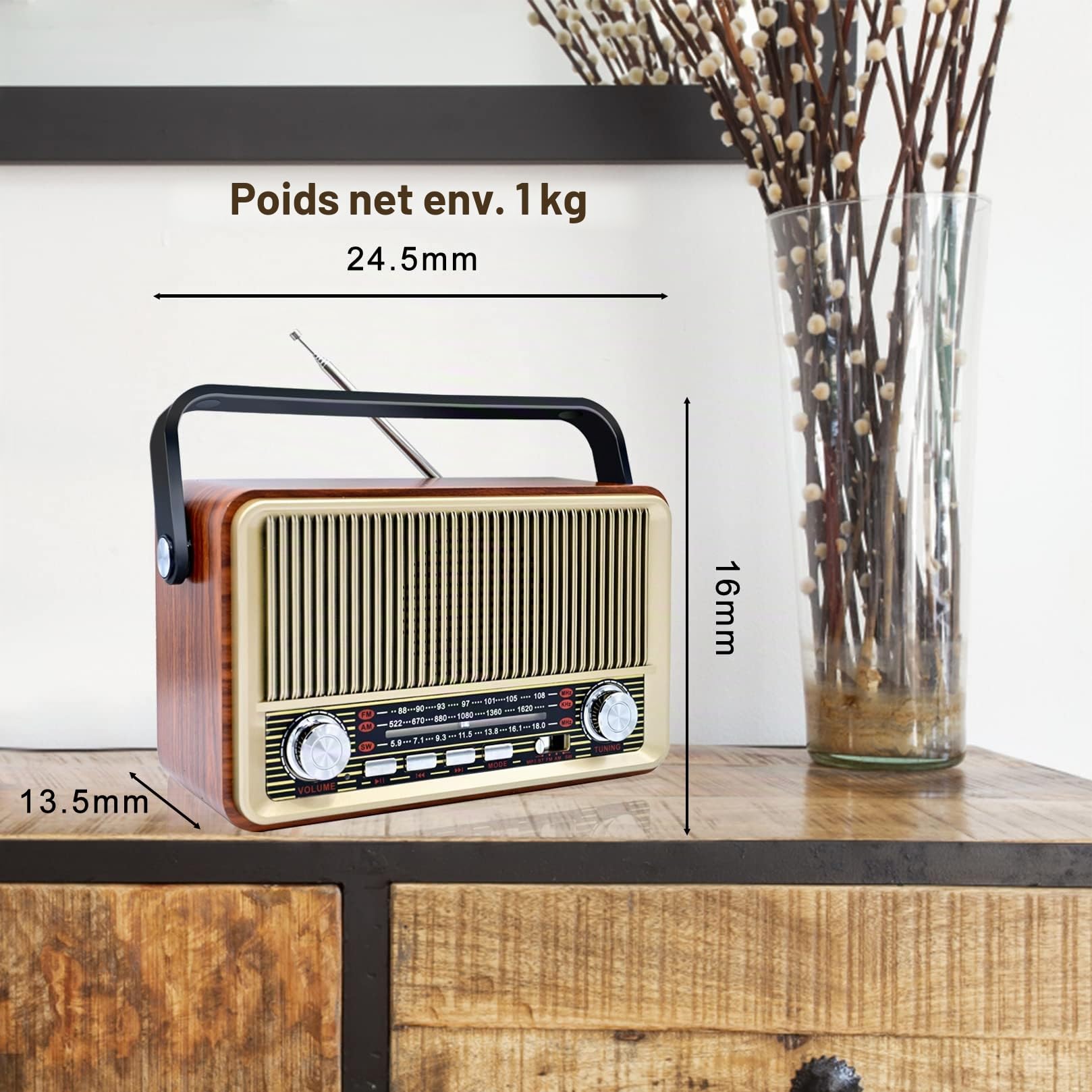 Radio Portables, FM/AM SW, Radio Bluetooth Vintage Classic Design en Bois Support USB/TF, Radio Convient pour Les Cuisines De La Maison Et du Bureau