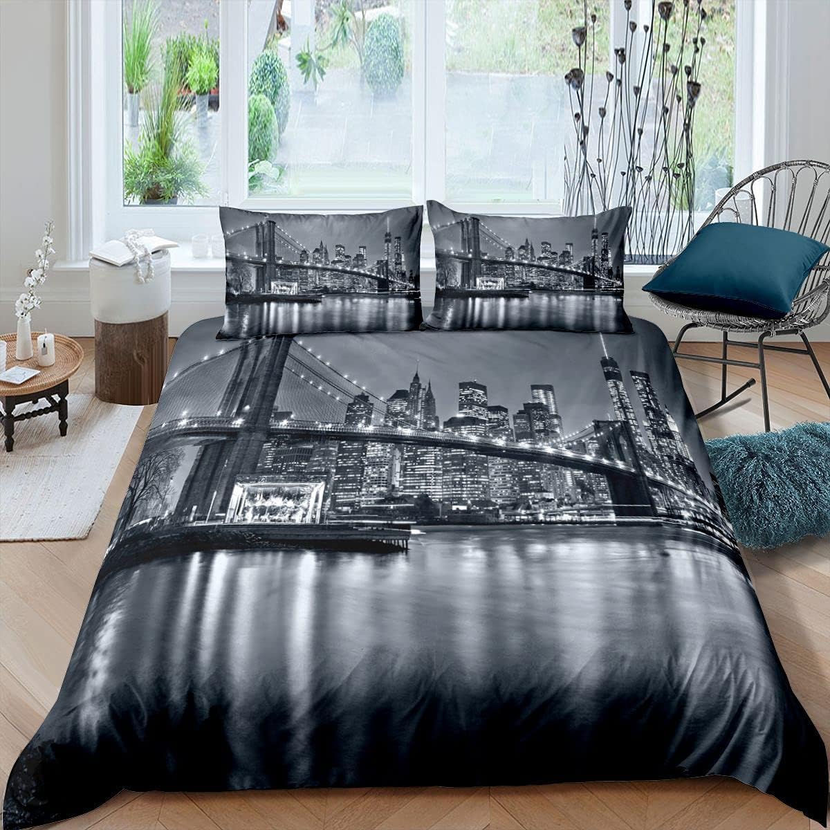 Brooklyn Bridge Parure de Lit Enfants New York City Noir et Blanc Housse de Couette 220x240cm célèbre Ville Image Ensemble de literie