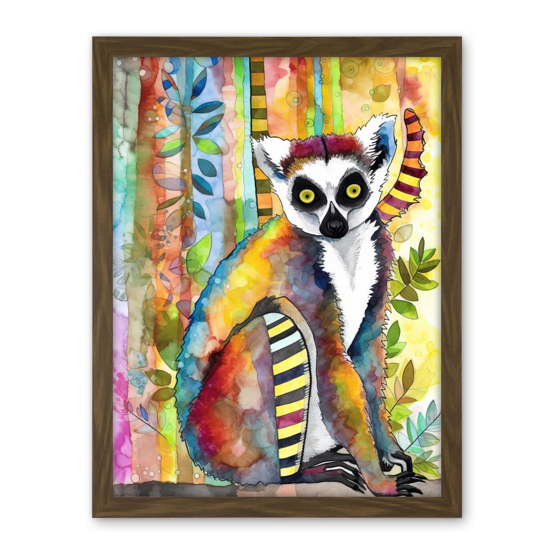 Artery8 Lemur Vibrant Portrait Folk Art Watercolour Painting Artwork Framed Wall Art Print 18X24 Inch