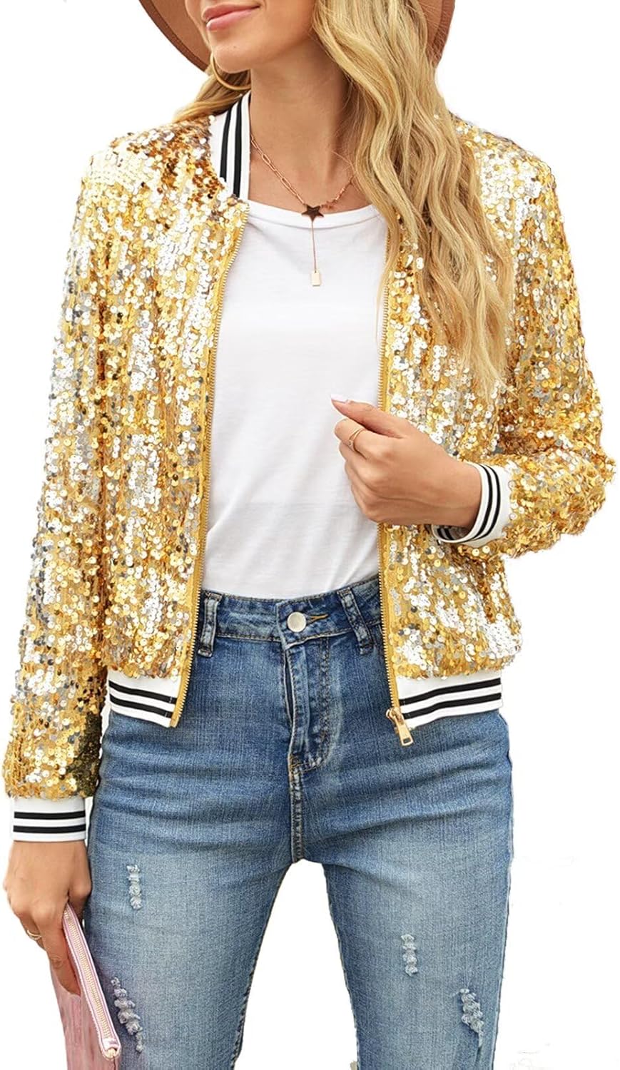 ACEFAST INC Women's Shiny Sparkle Sequins Long Sleeve Zip Blazer Halloween Party Bomber Jacket