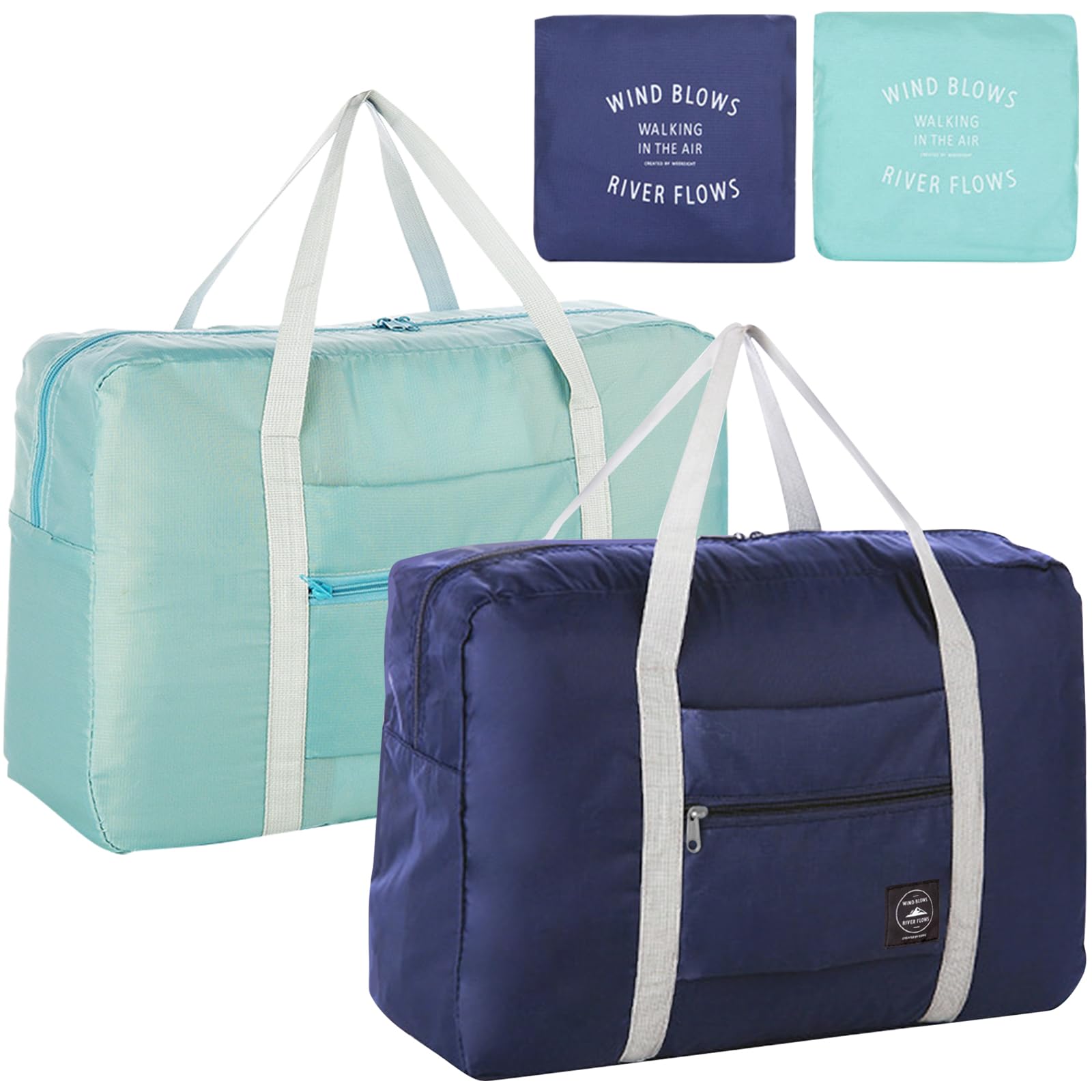 Foldable Travel Duffel Bag 2PCS Tote Carry on Luggage Bag Spirit Airlines Personal item Sports Gym Bag Water Resistant Weekender Overnight Bags for Women and Men (Green+Blue)