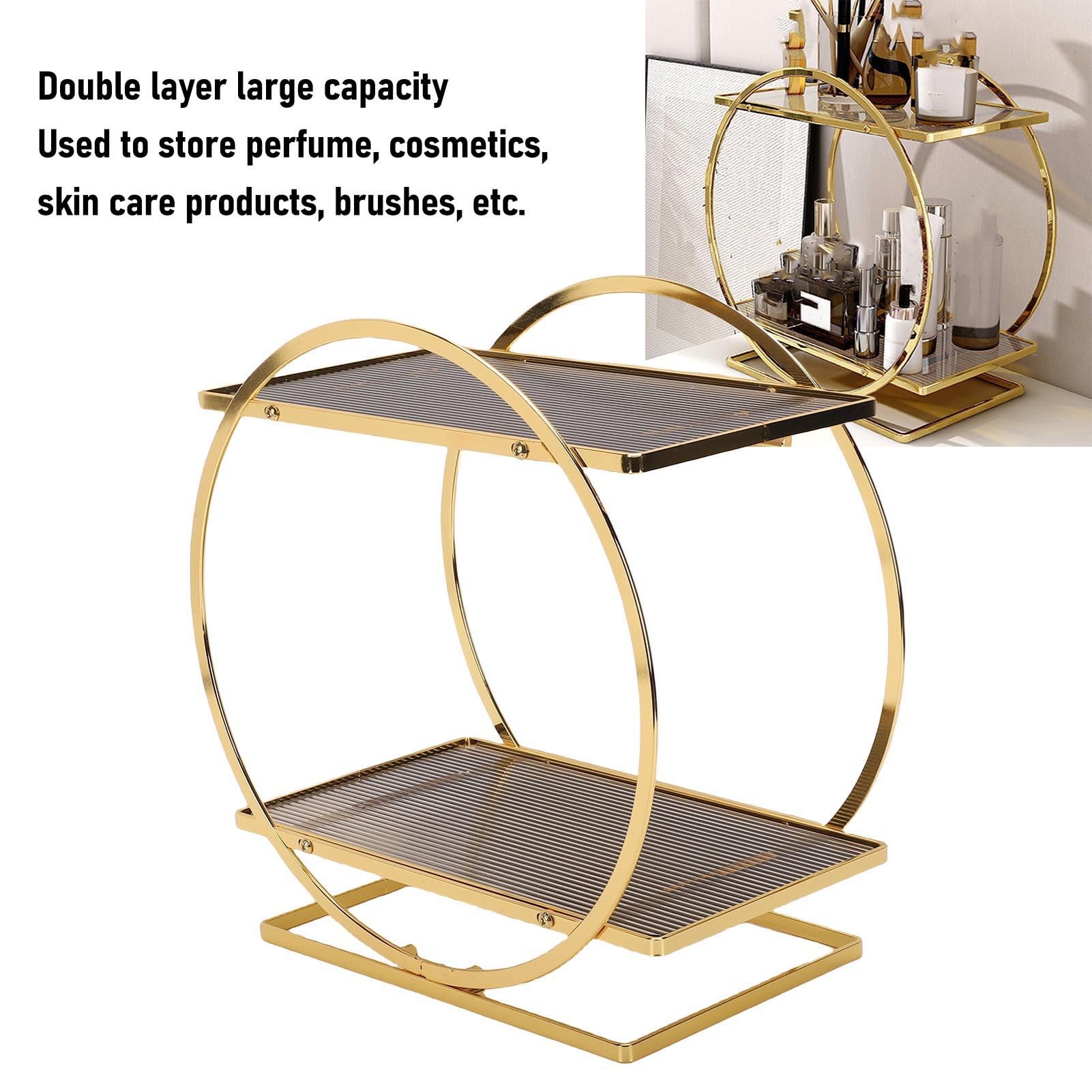 Parfüm-Organizer für die Kommode, 2-stöckiger Make-up-Organizer aus Goldenem Acryl mit Abgerundeten Kanten, Badezimmer-Theken-Organizer für Schlafzimmer, Kommode, Kosmetika und Pinsel