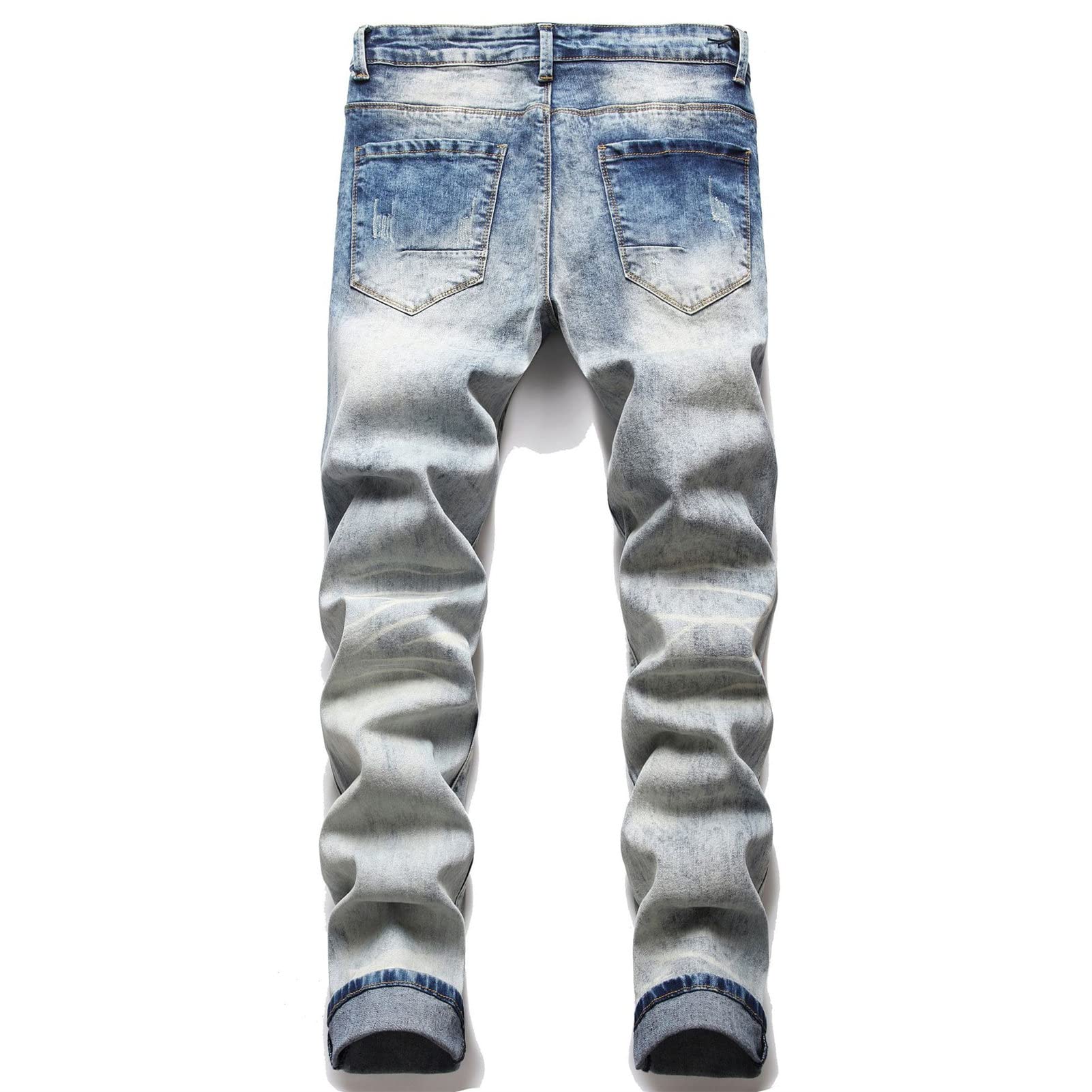 Men Ripped Vintage Biker Jeans Distressed Destroyed Zipper Denim Pants Straight Holes Moto Patch Hip Hop Jean (Light Blue 3,38)