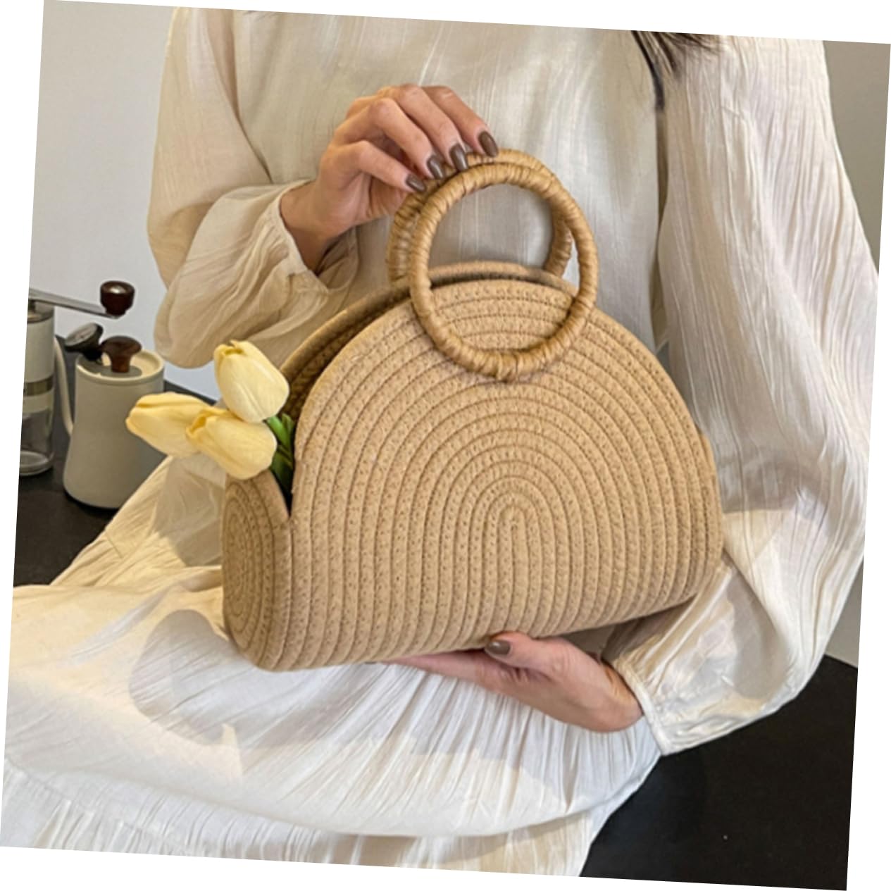 IMIKEYA Borsa Intrecciata in Corda di Cotone Khaki Portatile per l'Estate Grande Capacità e Design Rustico per Mare