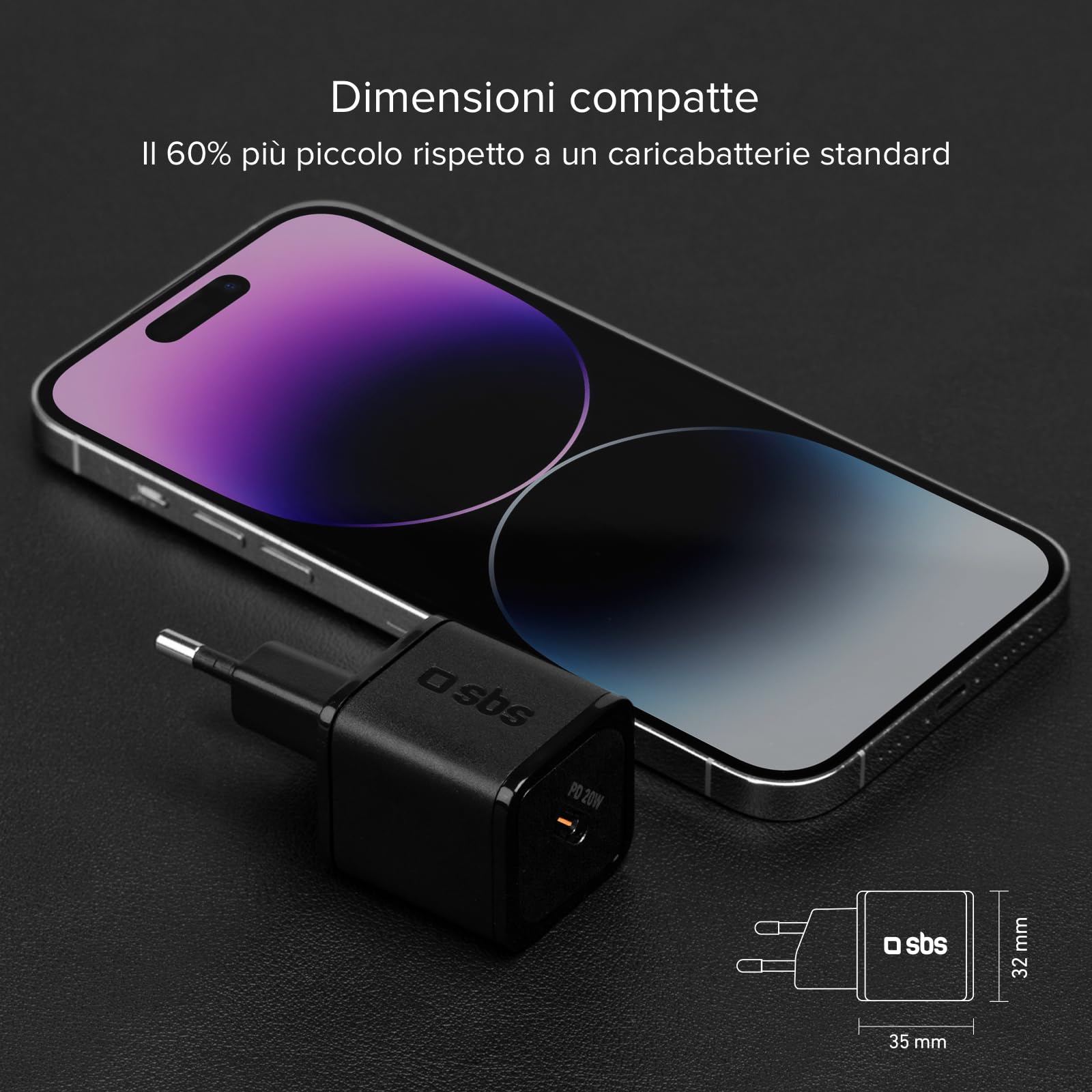 SBS Alimentatore Slim USB-C 20W, Tecnologia GaN, Power Delivery (PD), Ricarica Rapida, Super Compatto, Caricatore per iPhone, iPad, Airpods, Samsung, Pixel, Tablet, Smartphone, Nero