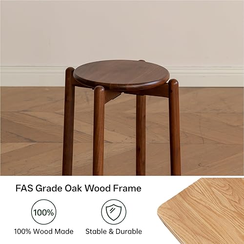 Miniatura 12 de Taburete redondo de madera 100% roble macizo, taburetes apilables con almohadillas antideslizantes para los pies, pequeños taburetes de tocador para