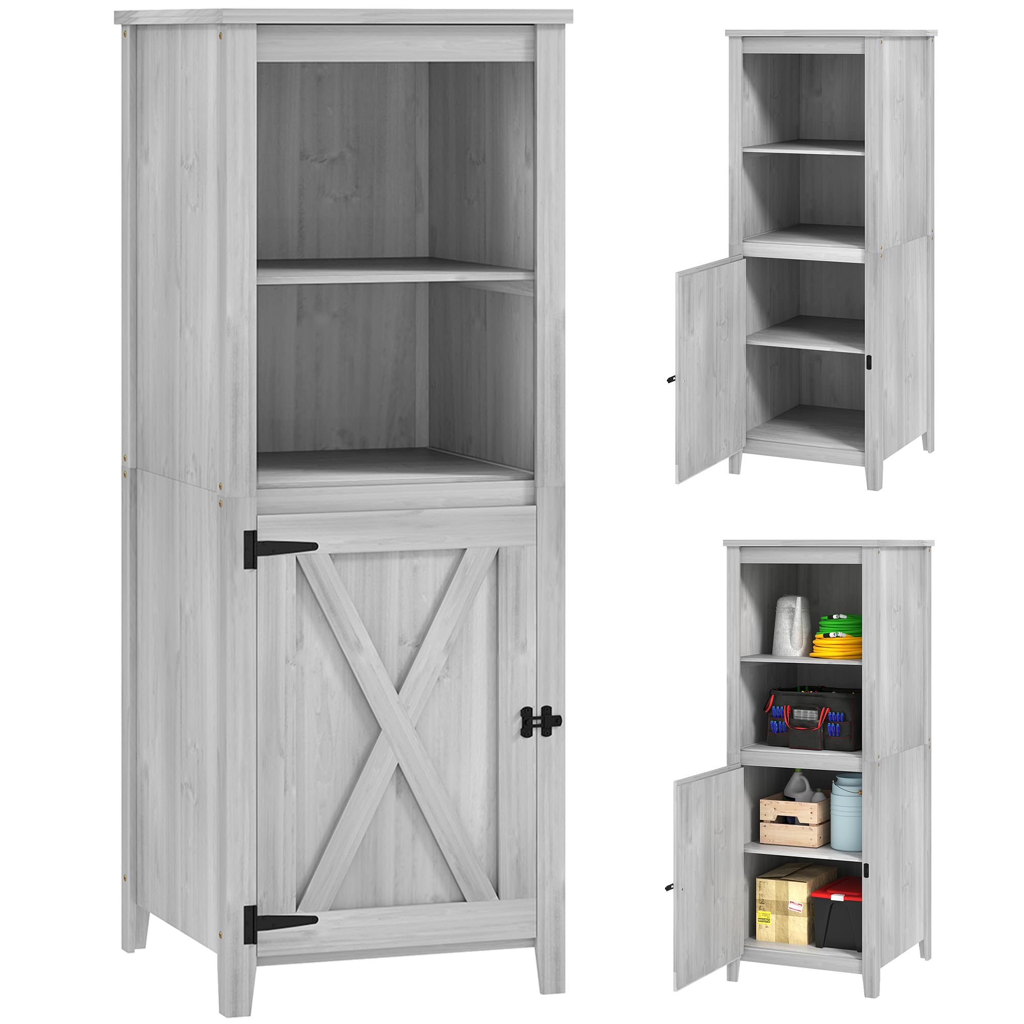 Outsunny Armoire de Jardin Bois 60x60x160cm Gris Clair verrouillable