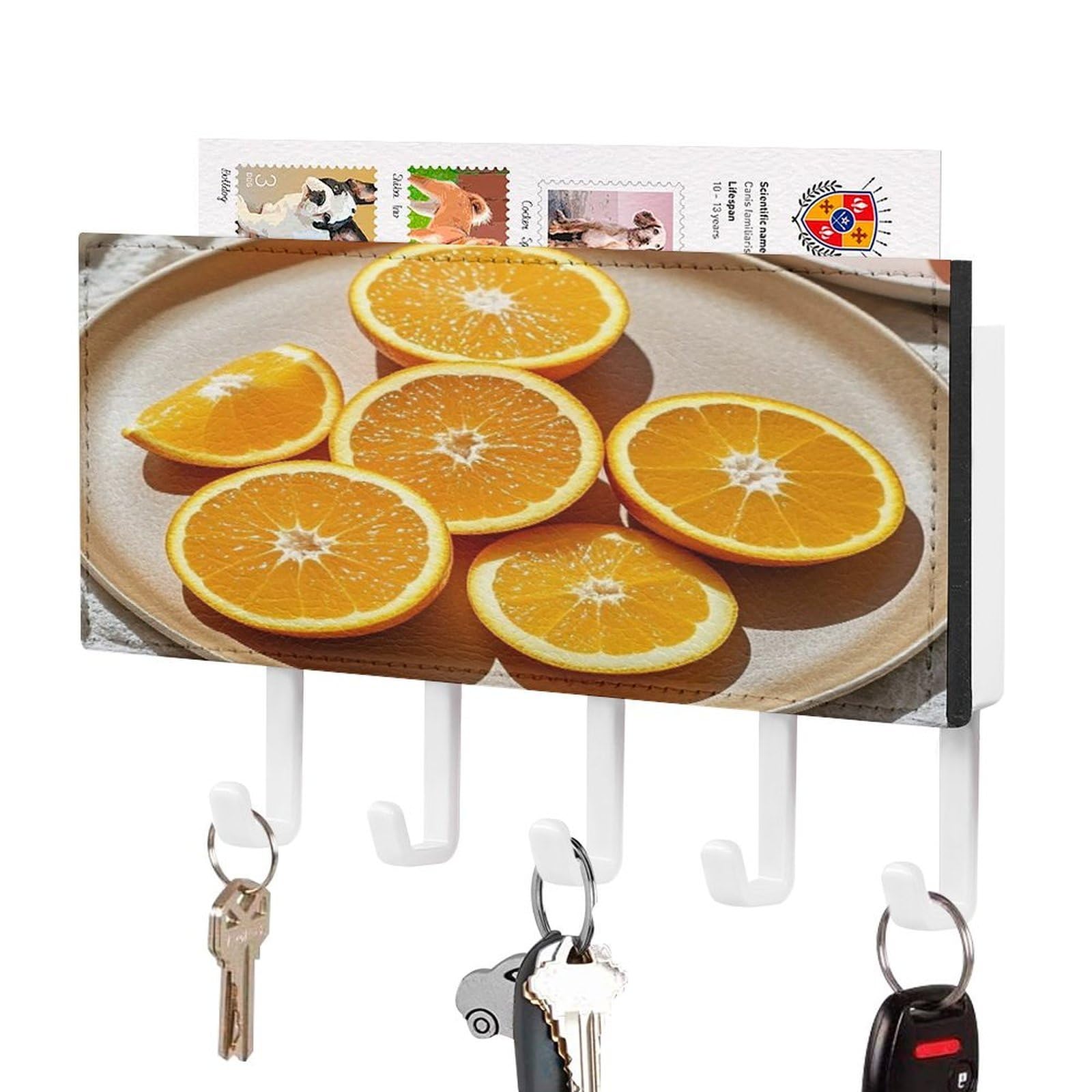 Fekiloot White-Style Orange Slices Key Holder Wall Mount Key And Mail Holder Key Hanger With 5 Hooks Decorative Pu Key Rack Hanging Key Hooks For Wall Living Room Kitchen Bathroom Hallway