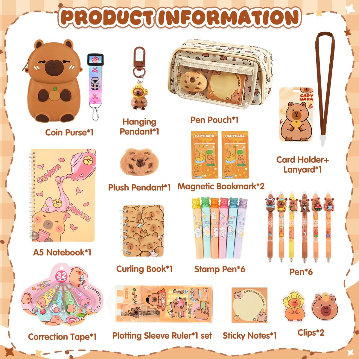 Papeterie Capybara Trousse Grande Capacité Stylo Effacables Carnets Notes Règle Dessin Signets Porte-Monnaie Fourniture Scolaire