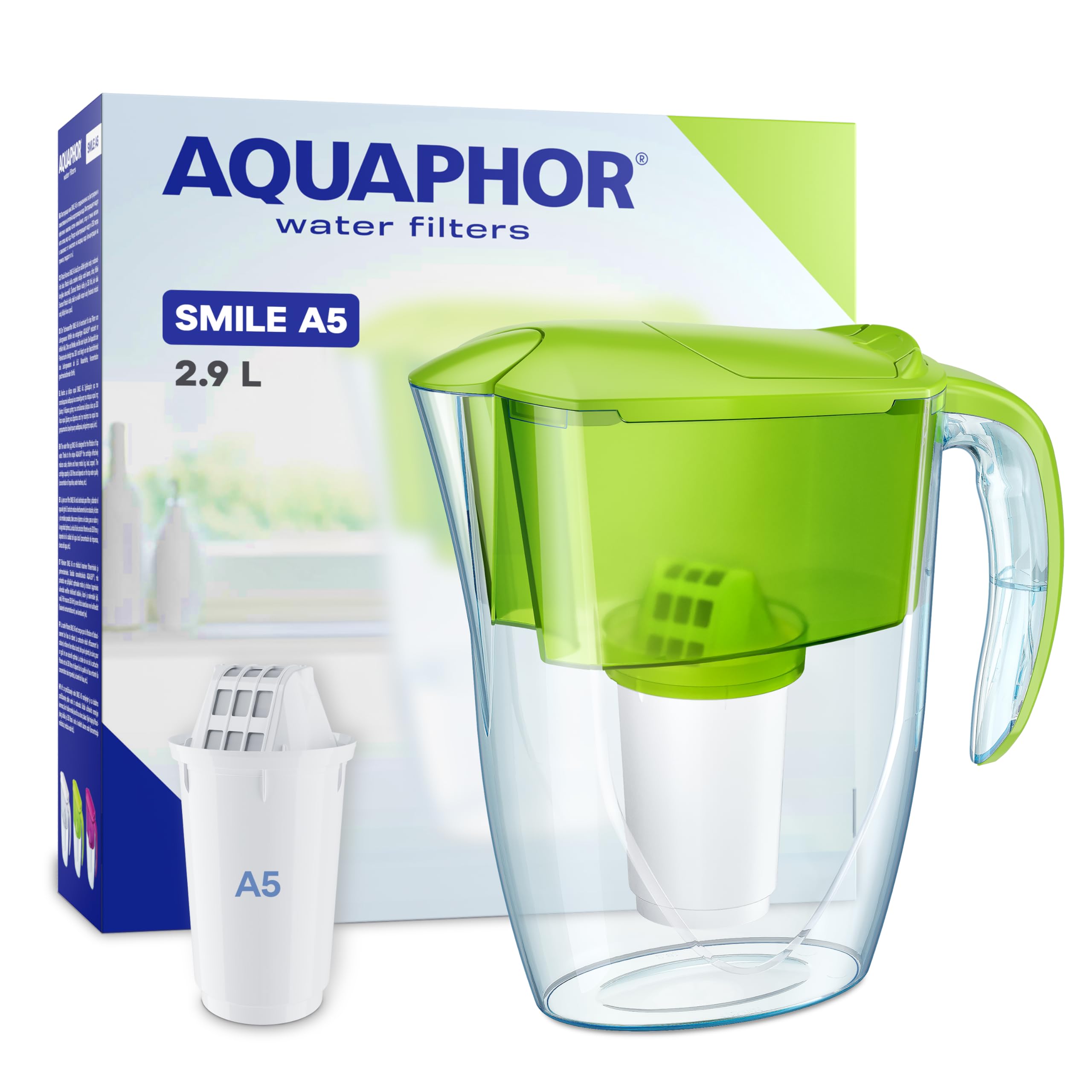 AQUAPHOR Smile Water Filter Jug - 2.9L, Fits Fridge Doors, Lightweight, Space-saving, Includes 1 x A5 350L Filter, Reduces Limescale, Chlorine, Microplastics - Green