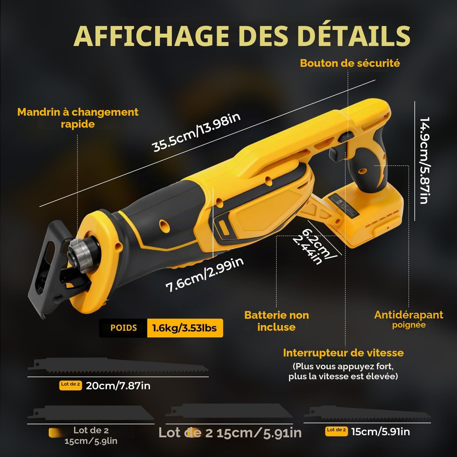 Scie sabre sans fil pour Dewalt 20 V, 3000 SPM, scie sabre sans fil, vitesse variable avec 8 lames de scie pour couper le bois, le métal, le plastique (sans batterie)