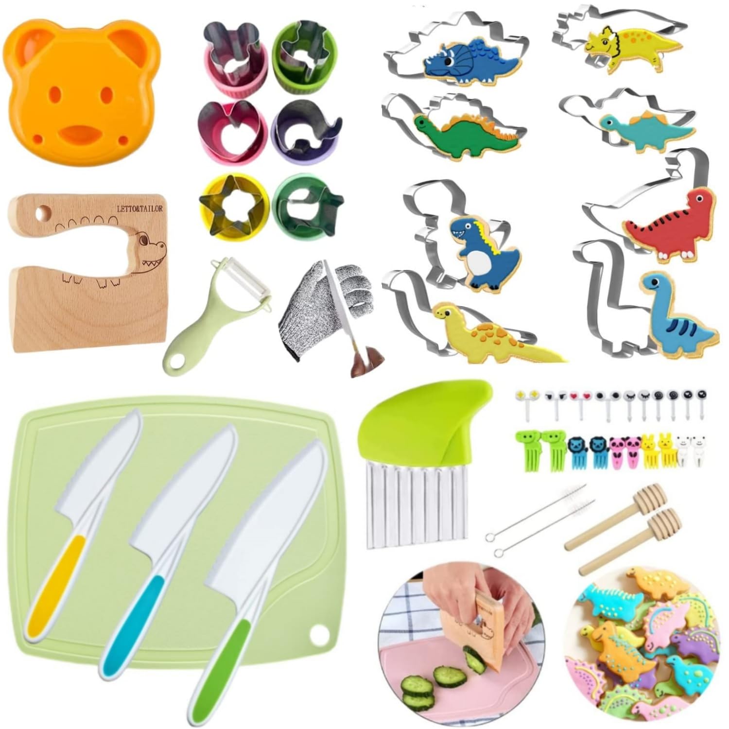 LETTO & TAILOR Kids Knife and Dinosaur Cookie Cutter Set 47 Pieces Bread and Vegetables Children's Knife for Cutting Cakes, Biscuits, Fruit, Sandwich, Vegetable Cutter Set