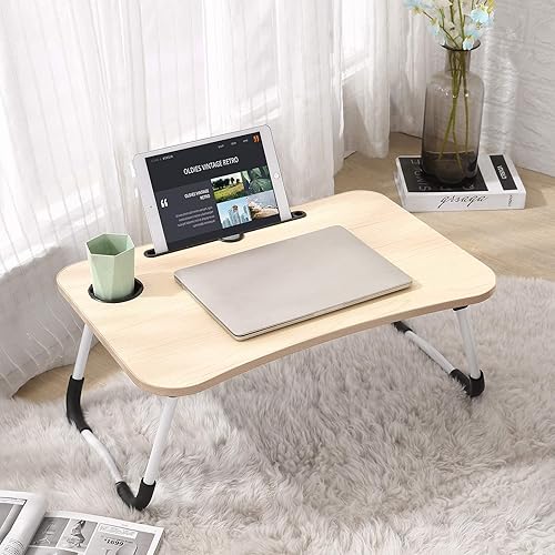 Escritorio plegable para laptop, mesa de cama portátil multifunción con soporte para portátil y ranura para tazas, perfecta para leer libros, ver