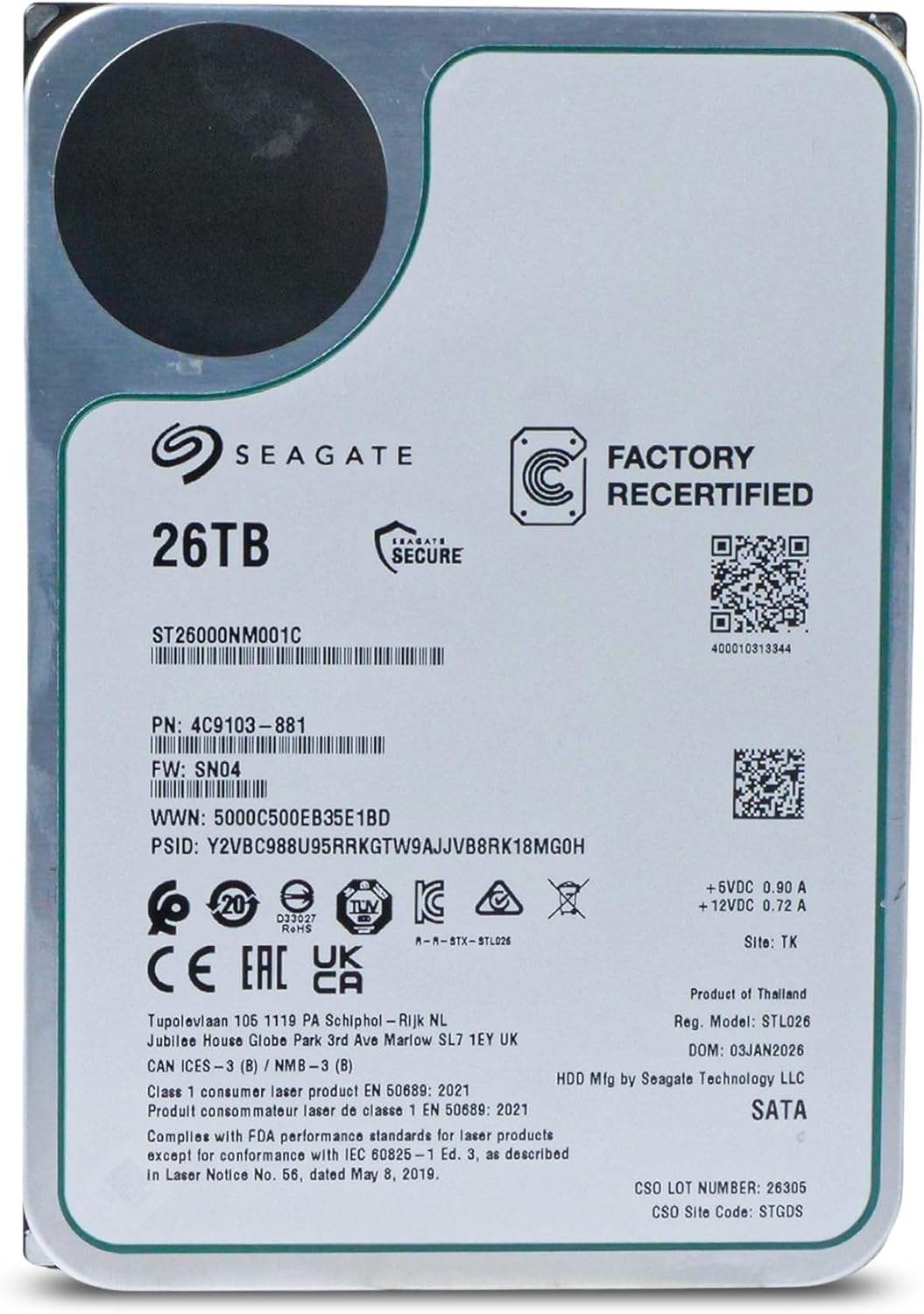 Seagate Exos ST26000NM001C 26TB 7200 RPM SATA 6Gb/s 512e 3.5in Enterprise Hard Drive (Renewed)
