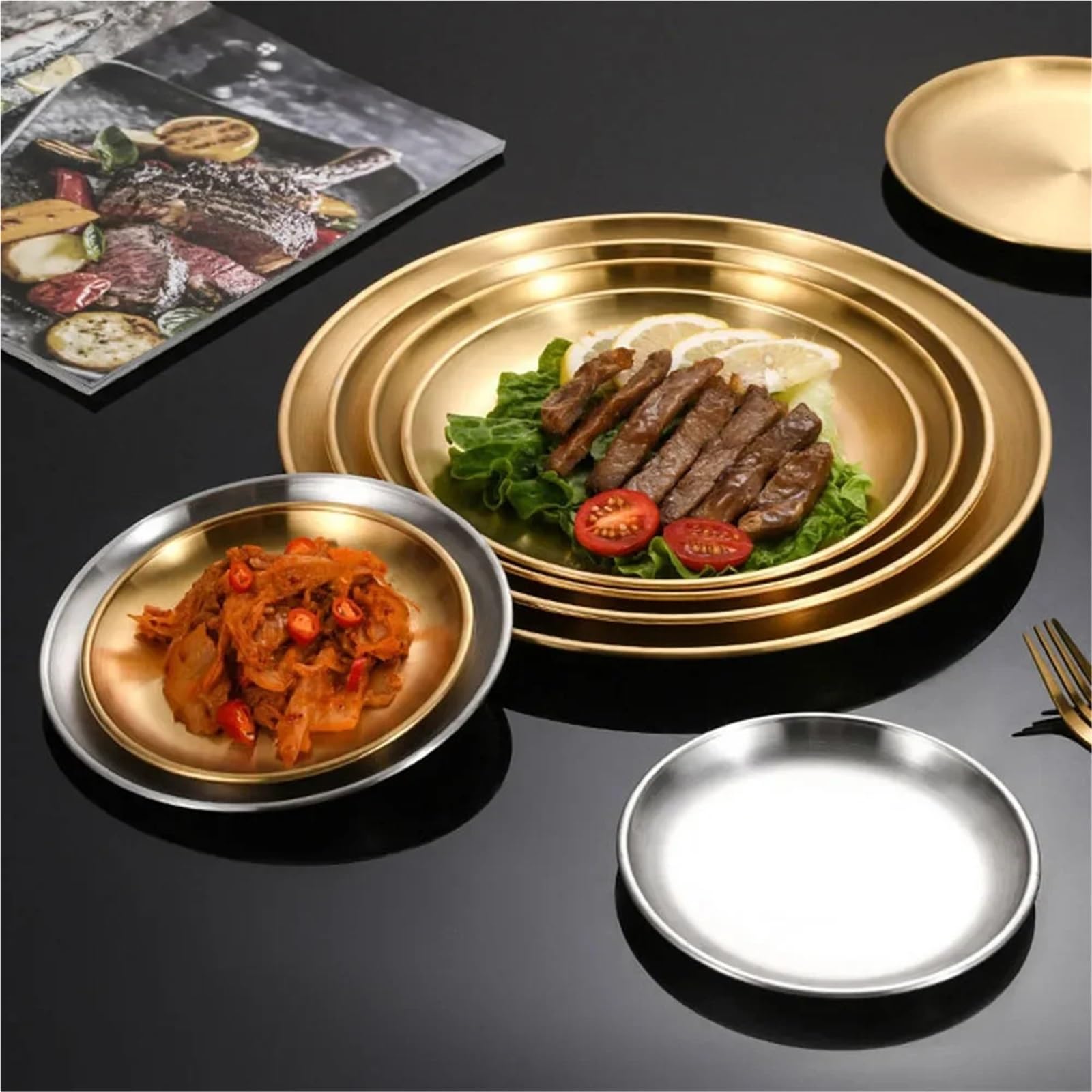 Bandeja de Servicio de Acero Inoxidable 8 Platos Redondos Dorados de Acero Inoxidable 14/17/20/23/26 cm for Camping, Picnic y Cocina(8Pcs Silver 26cm)