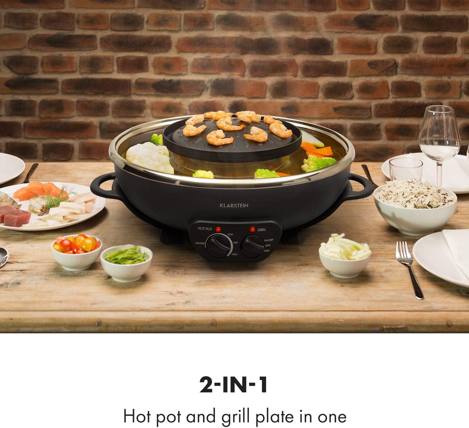 KLARSTEIN Szechuan - Hot Pot e Piastra, Grill Elettrico senza Fumo, Pentola Elettrica Multifunzione, 5 L, Hot Pot: 1350 Watt/38 cm Ø, Piastra: 600 W/22 cm Ø, Elemento Riscaldante in Alluminio, Nero KLARSTEIN Szechuan - Hot Pot e Piastra, Grill Elettrico senza Fumo, Pentola Elettrica Multifunzione, 5 L, Hot Pot: 1350 Watt/38 cm Ø, Piastra: 600 W/22 cm Ø, Elemento Riscaldante in Alluminio, Nero